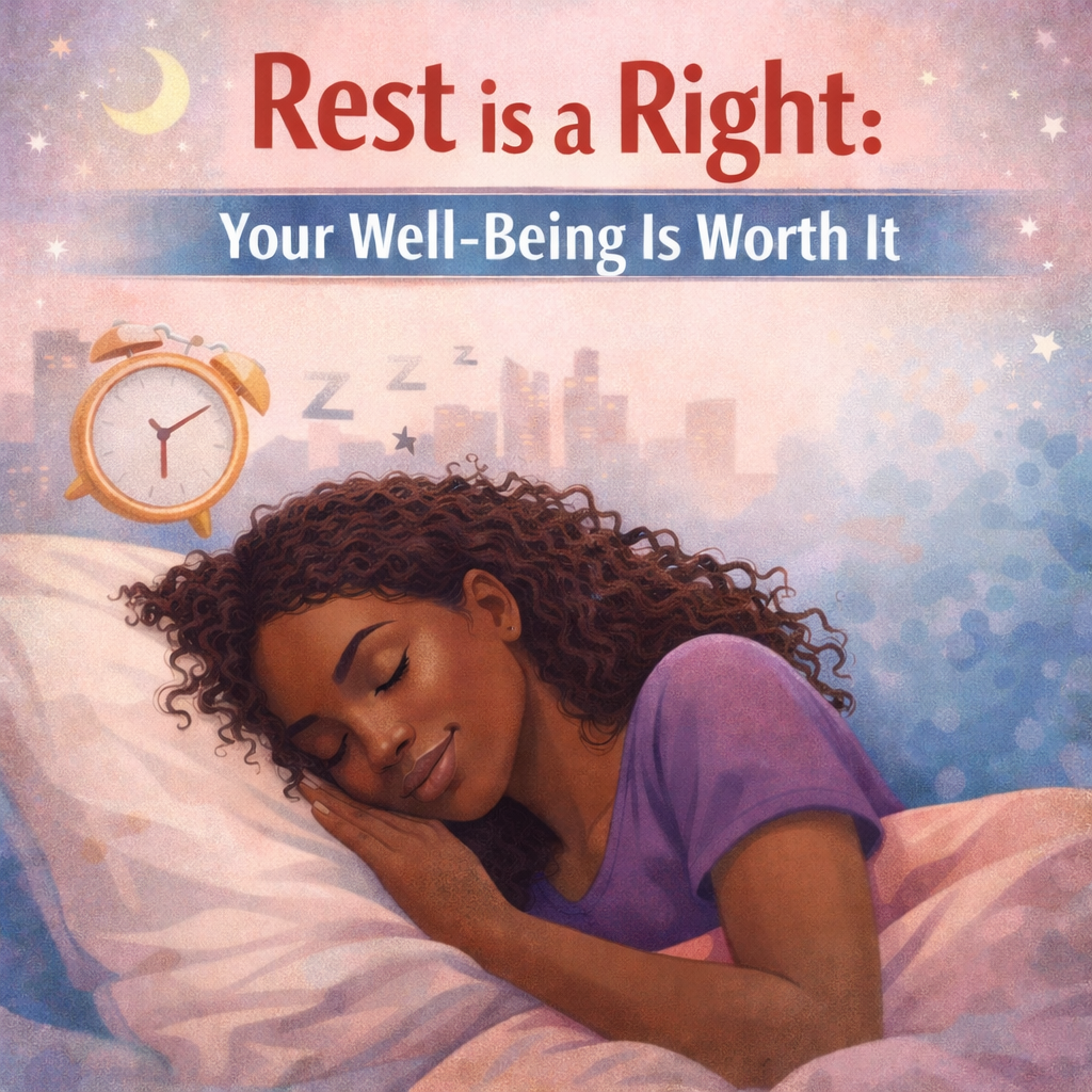A woman with curly hair sleeping peacefully on a bed, with a clock showing 7:00 AM or PM and a city skyline in the background. The image features a message about the importance of rest for well-being.