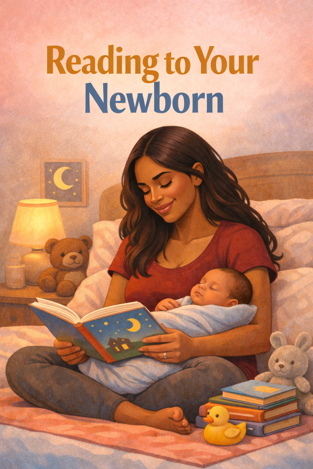 A woman reading a book to a sleeping newborn baby in a cozy bedroom, surrounded by toys and soft lighting.