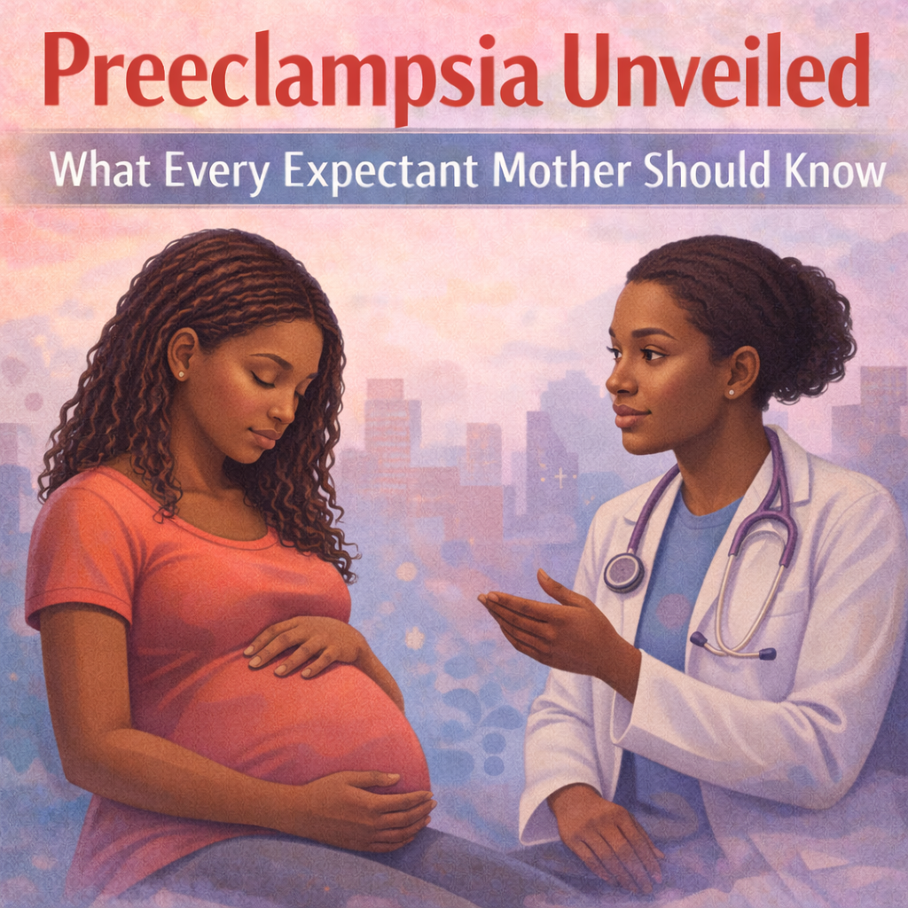 An illustrated pregnant woman talking to a female doctor in a city setting with the title 'Preeclampsia Unveiled' and subtitle 'What Every Expectant Mother Should Know.'