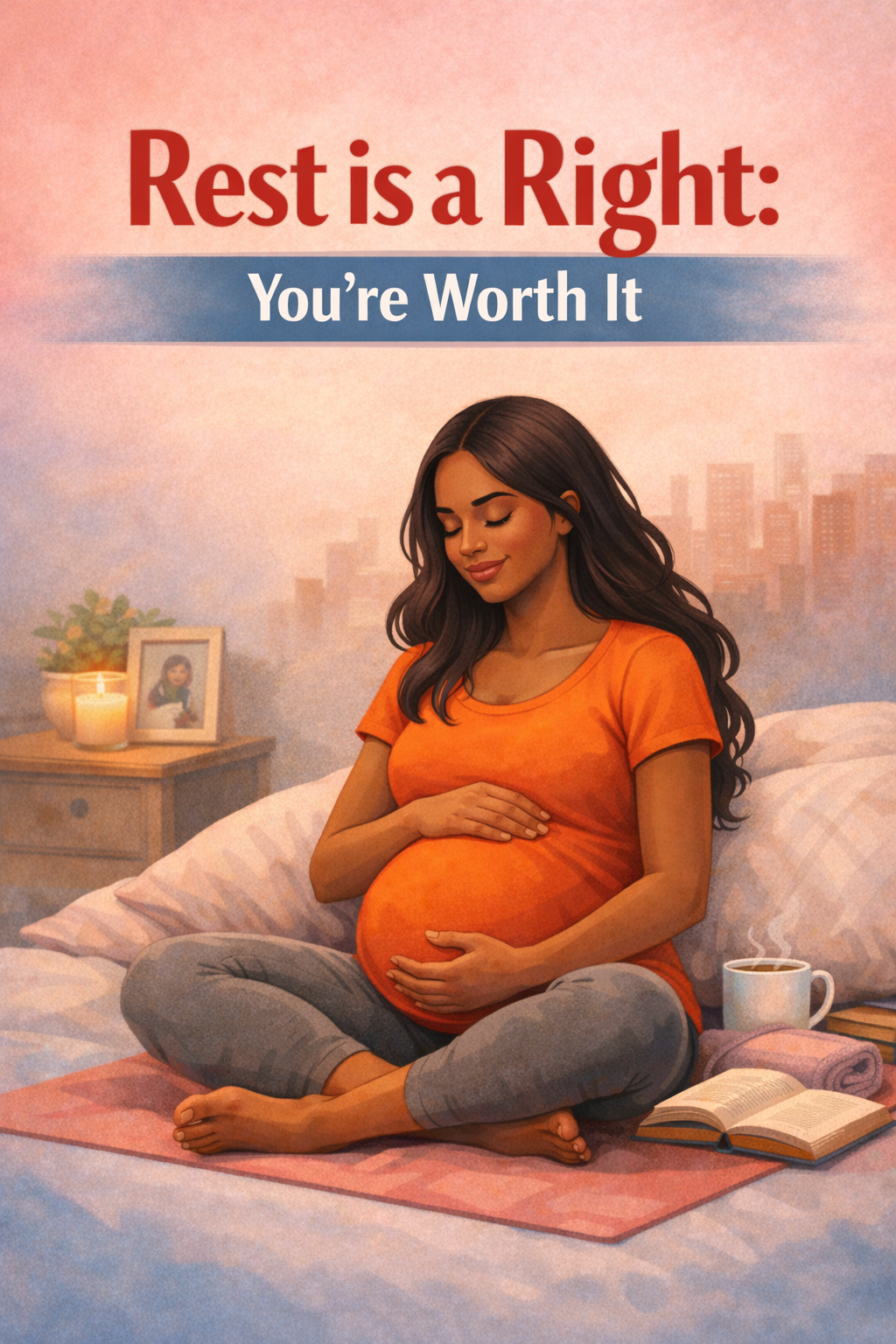 Illustration of a pregnant woman sitting cross-legged on a bed with a pink blanket, holding her belly with both hands, in a cozy bedroom with a nightstand holding candles, a framed photograph, a cup of tea, a book, and a rolled-up towel. The background shows a city skyline at dusk.