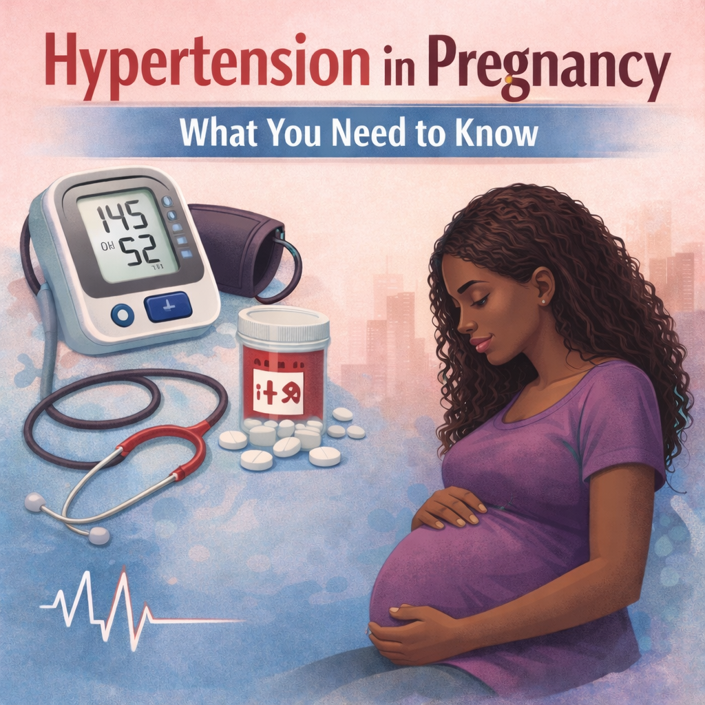 An illustration of a pregnant woman with dark curly hair in a purple shirt, alongside medical items including a blood pressure monitor showing 145 over 52, a stethoscope, and a pill bottle, with text about hypertension in pregnancy.