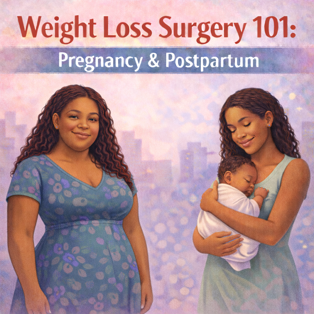 our blog cover titled 'Weight Loss Surgery 101: Pregnancy & Postpartum' featuring a woman in a blue floral dress smiling on the left and a woman holding a sleeping baby on the right, with an abstract cityscape background.