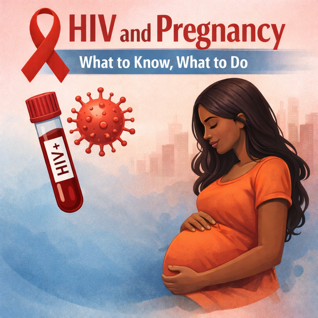 A pregnant woman wearing an orange shirt, cradling her belly, with illustrations of a red ribbon, a COVID-19 virus particle, and a blood test tube labeled '+HIV' on a pink and blue background with cityscape silhouettes in the distance. The text reads 'HIV and Pregnancy: What to Know, What to Do.'