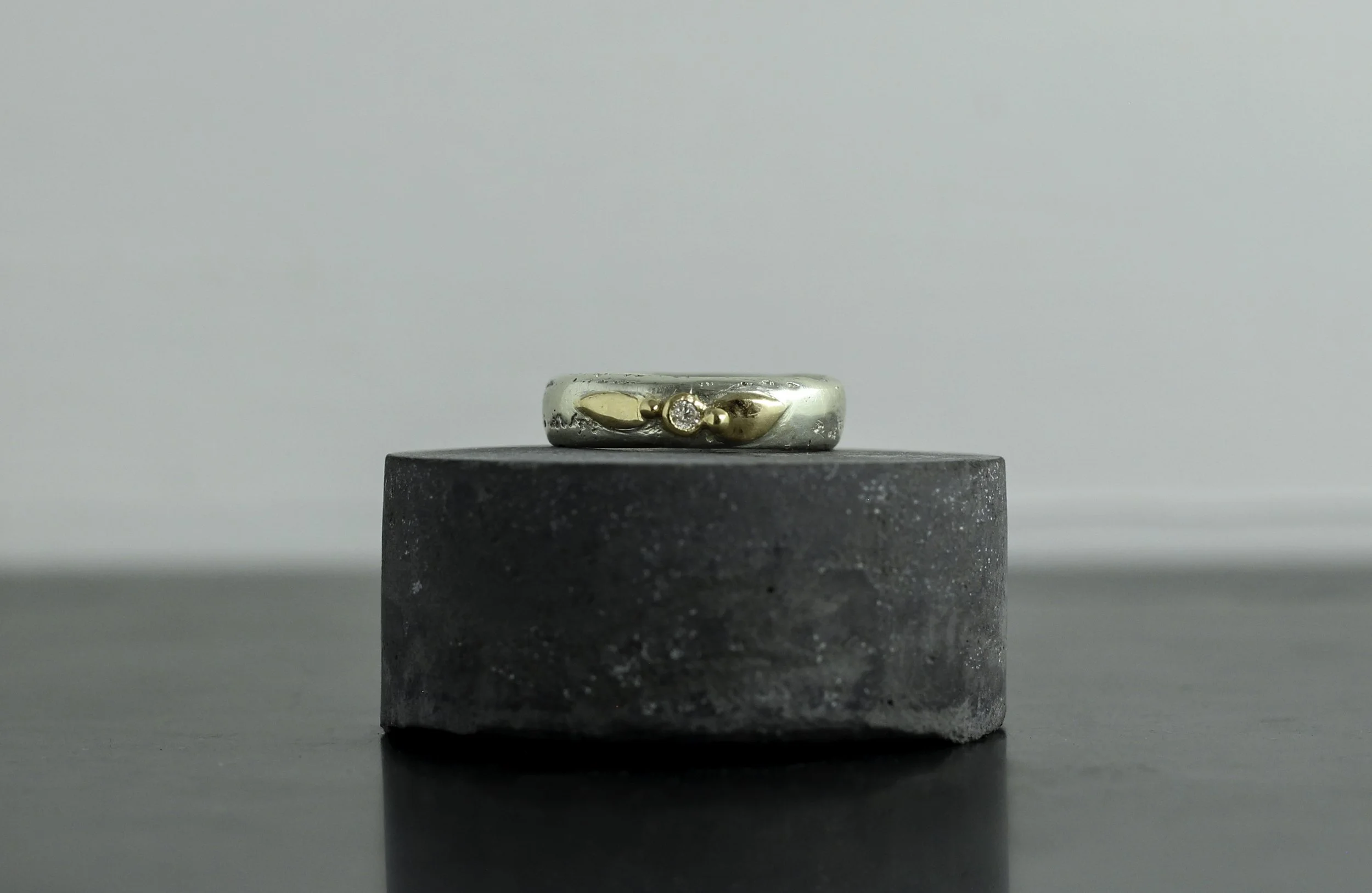 Cornish Sand Textured White Gold Pinky Ring with Yellow Gold Detail and Diamond