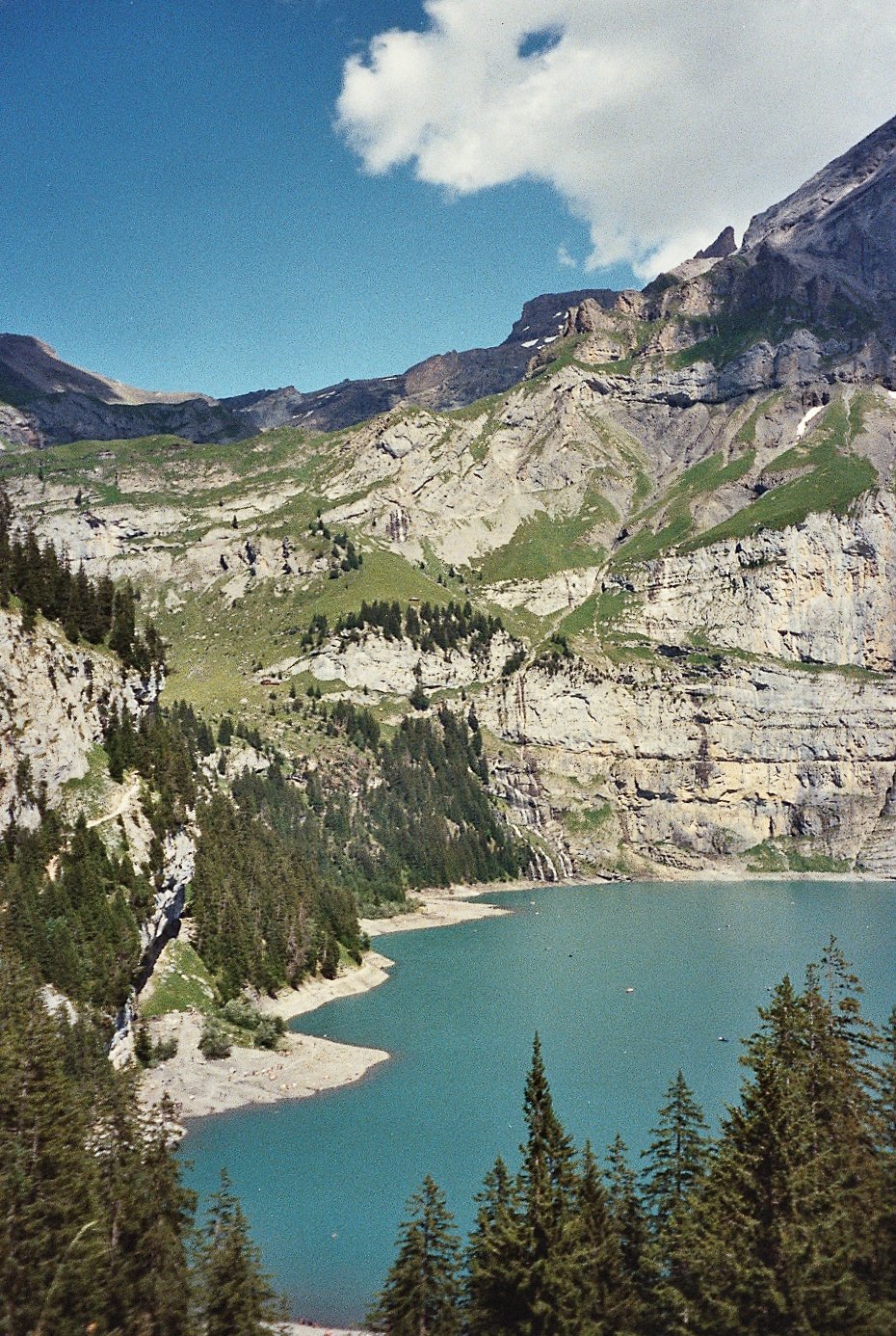 A mountain landscape with steep rocky cliffs, green grassy slopes, dense pine forests, and a turquoise lake at the base, under a partly cloudy sky.
