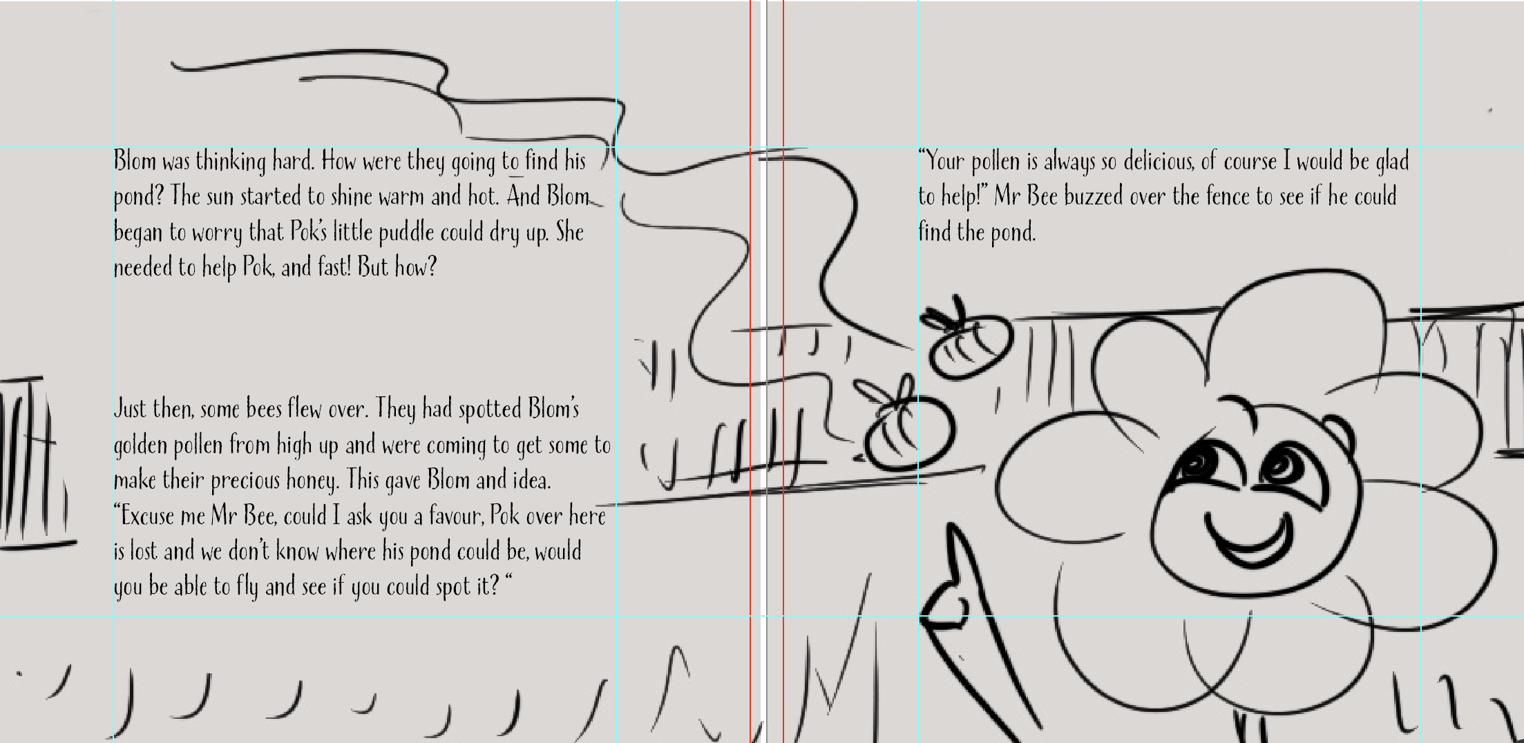 Blom&Pok - Storyboard spread example. Showing the layout and text placement.