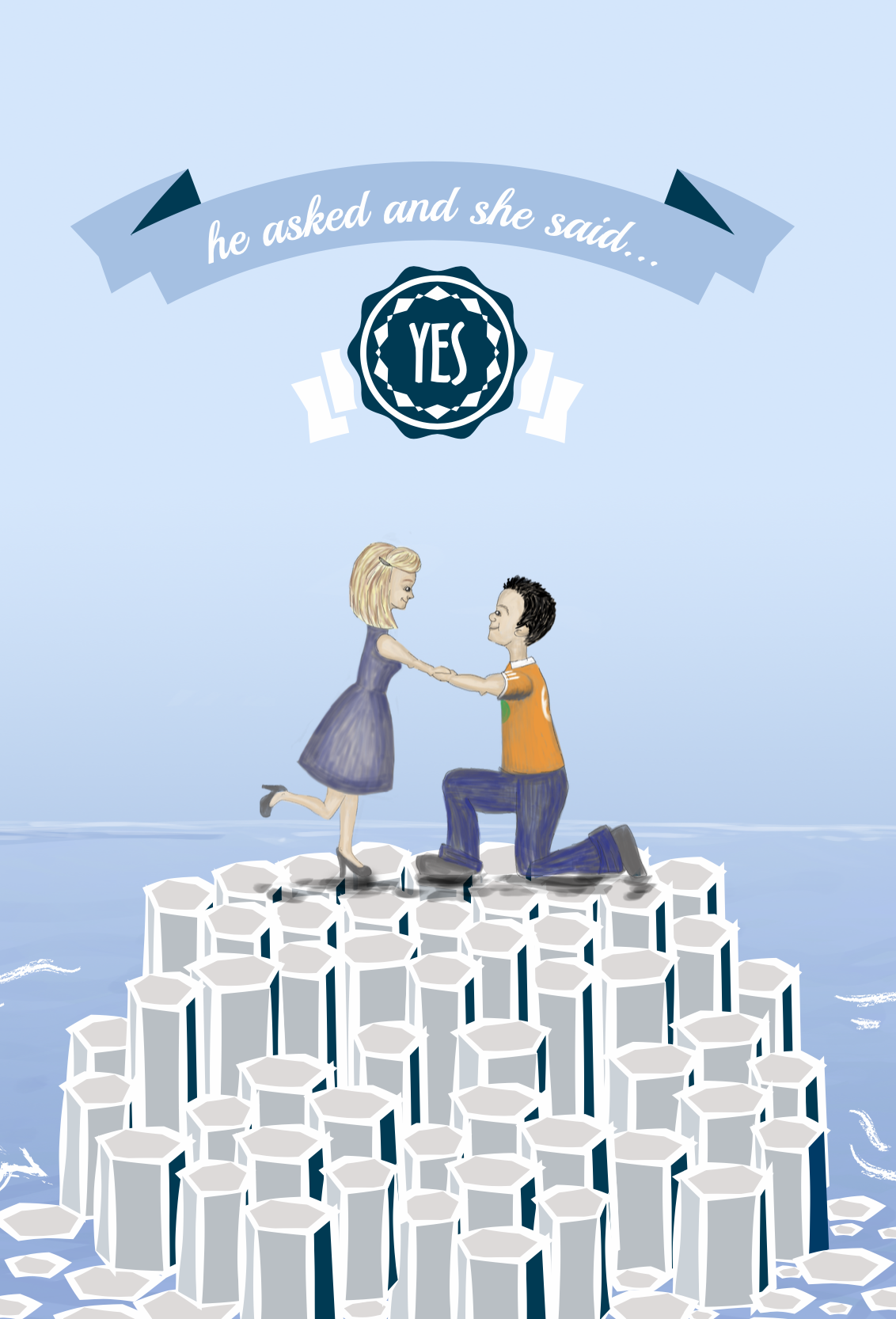 A cartoon illustration of a man on one knee proposing to a woman on giants causeway, with a banner above that reads 'he asked and she said... YES'.