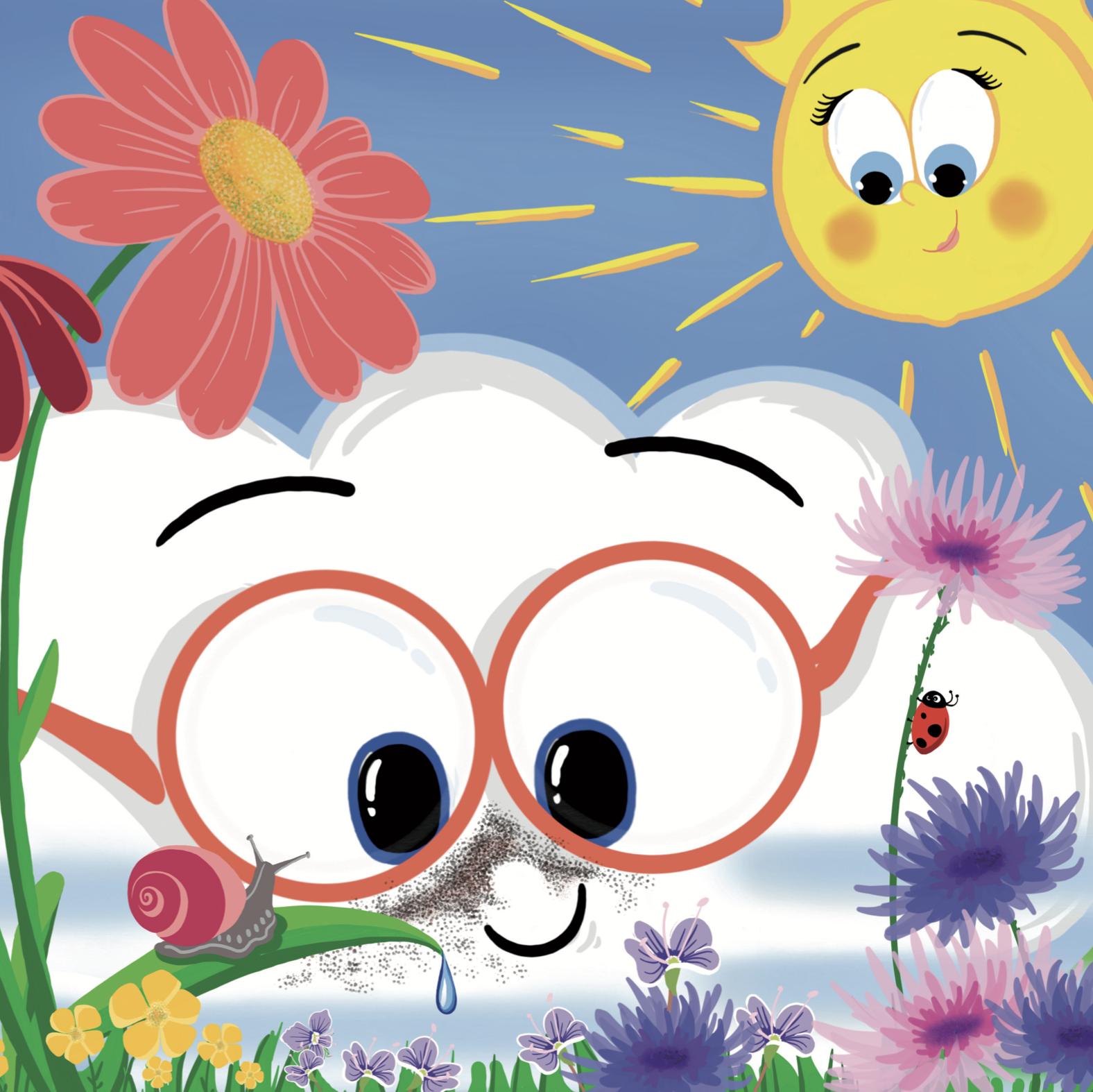 Chloe Cloud - Full page illustration, close up of the curious Friendly Fog enjoying the colours and beauty of nature.