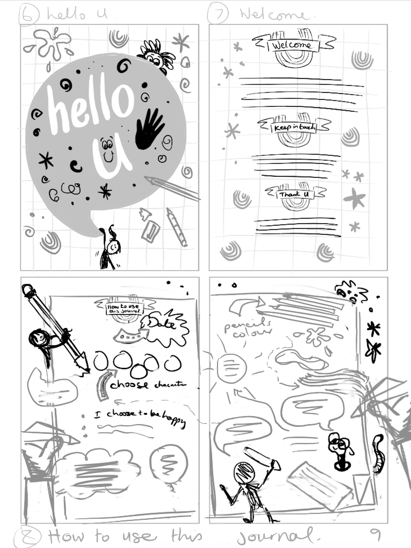 Mindfulness Journal for Kids - Storyboarding/sketch stage