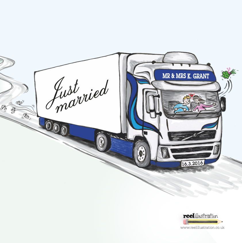 Illustration of a white truck with blue accents, towing a trailer with 'Just married' written on it. The truck has a sign saying 'MR & MRS K. G' and a wedding date '16.3.2016'. Inside the truck, a couple is sitting together, smiling and holding hands