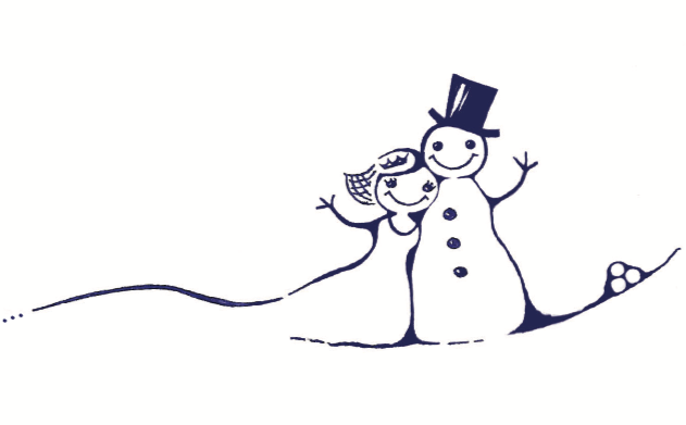 Line drawing illustration of a Bride and Groom snowman/woman, hugging and waving. 