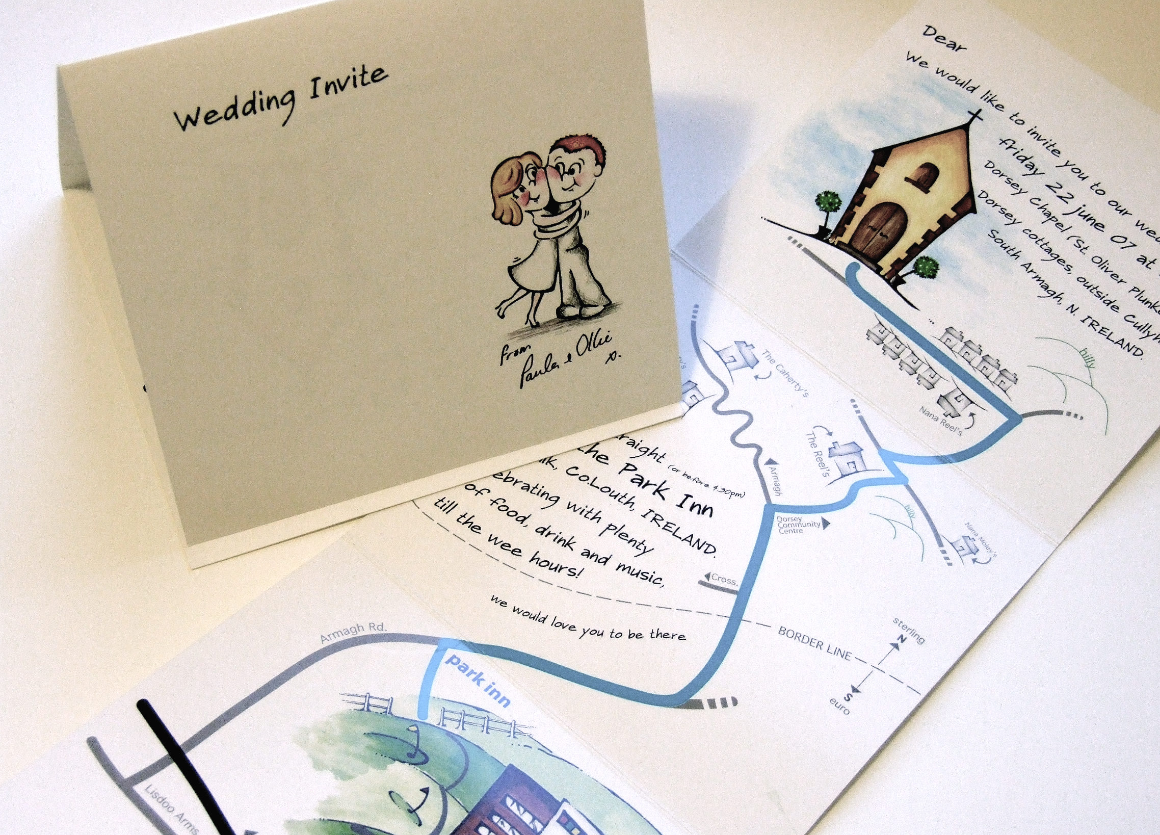 A wedding invitation card with a cartoon illustration of a couple embracing, and a detailed map of Dorsey, Ireland, showing local landmarks and roads.