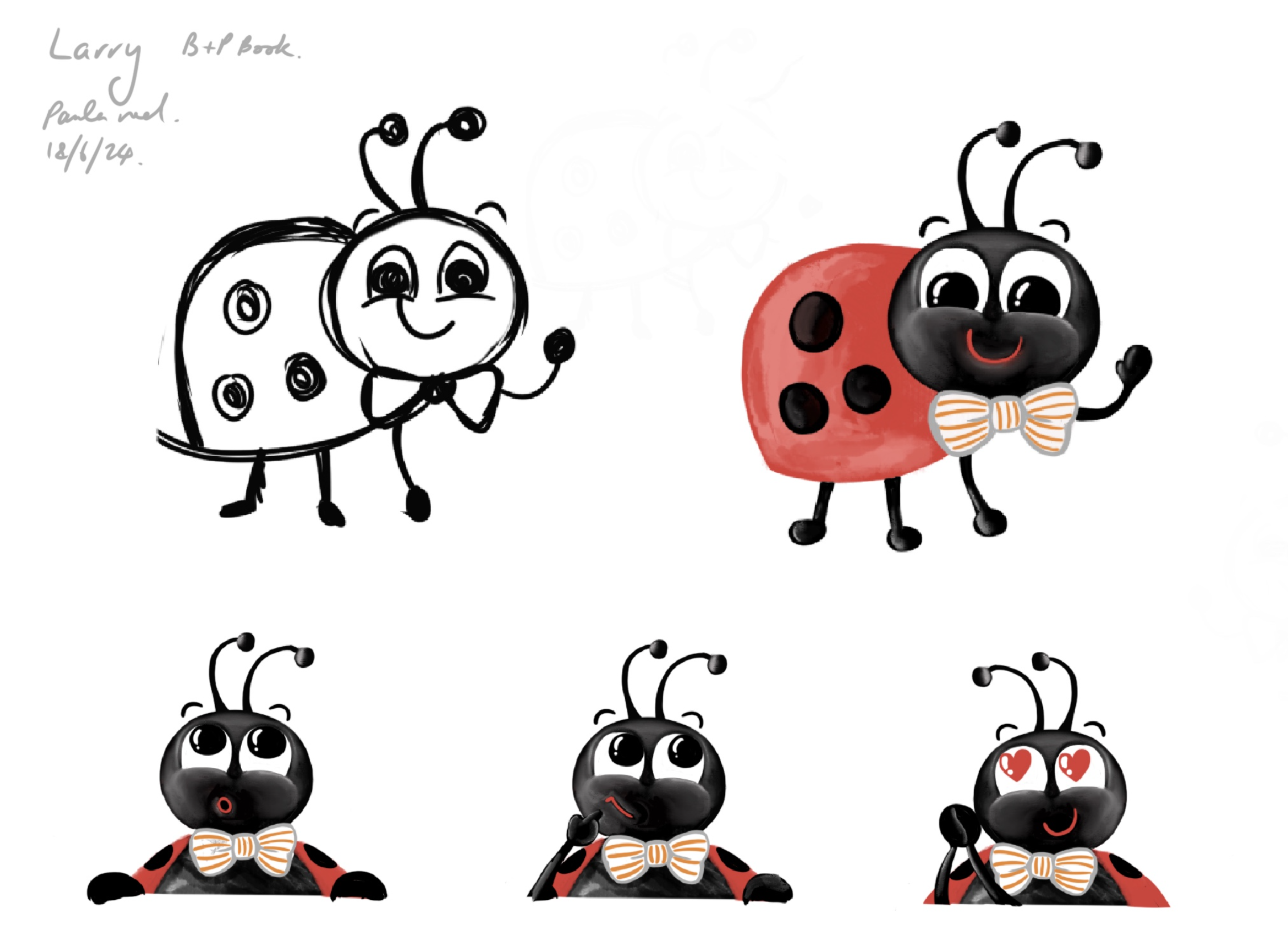 Blom&Pok - Character design, small add-on ladybug character dotted on each page. With different expressions.