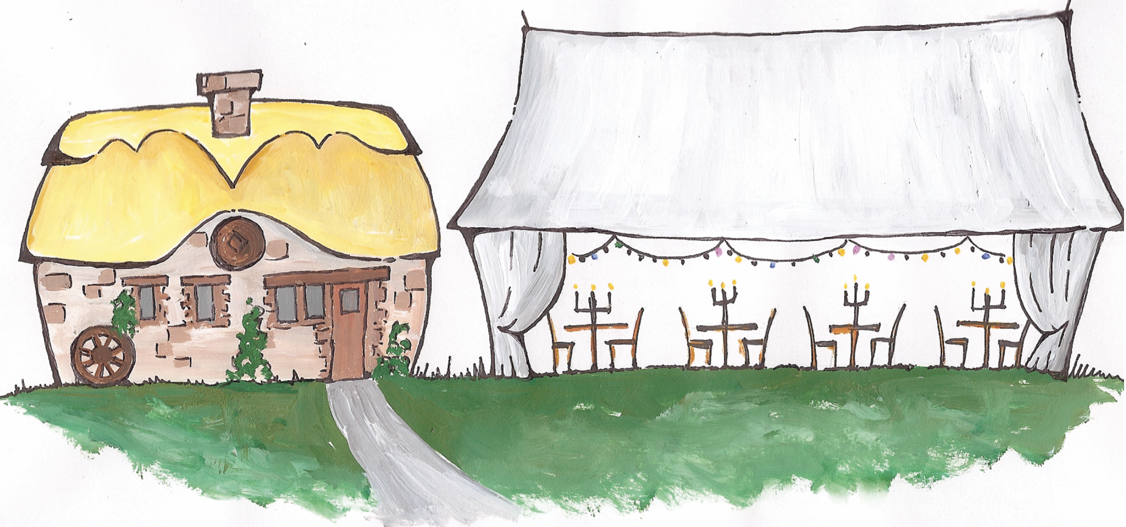 A colorful drawing of a whimsical house with a yellow roof and brick walls, next to a large outdoor stage decorated with string lights and orange chairs, set on a grassy area.