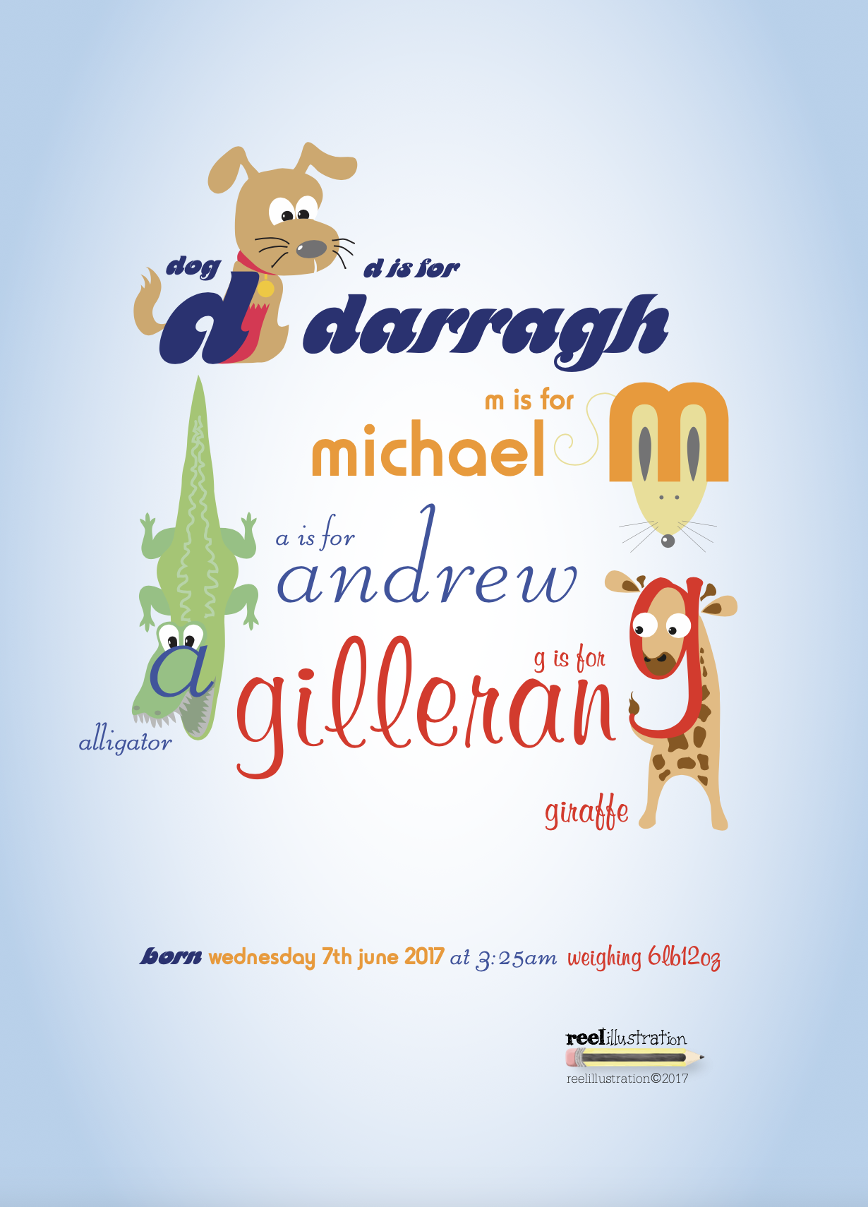 Kids birthday gift, illustrated alphabet letters recording the birth information.