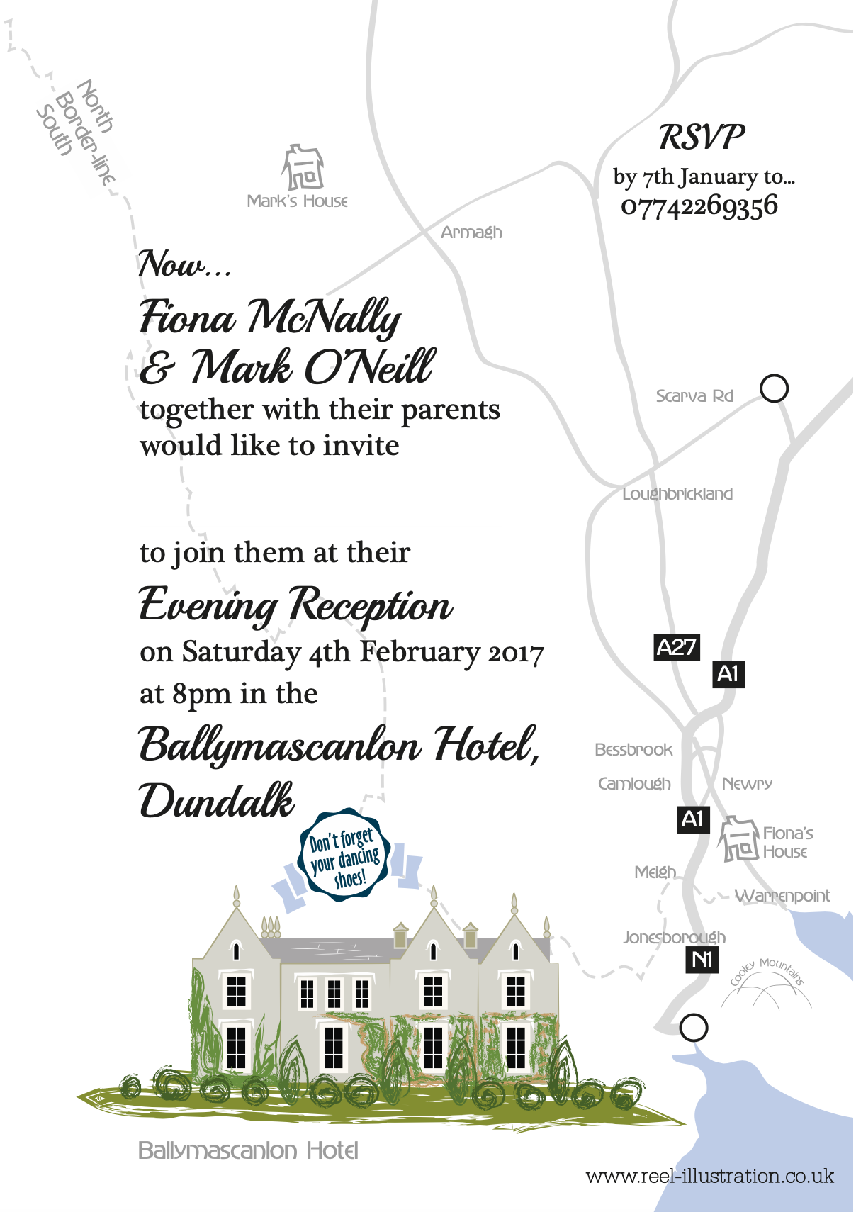 Invitation for a wedding reception featuring a map on the background, with text inviting to join the Bride and Groom at Ballymascanlon Hotel, Dundalk, with dates, times, RSVP details, and decorative illustrations of a castle and landscape.