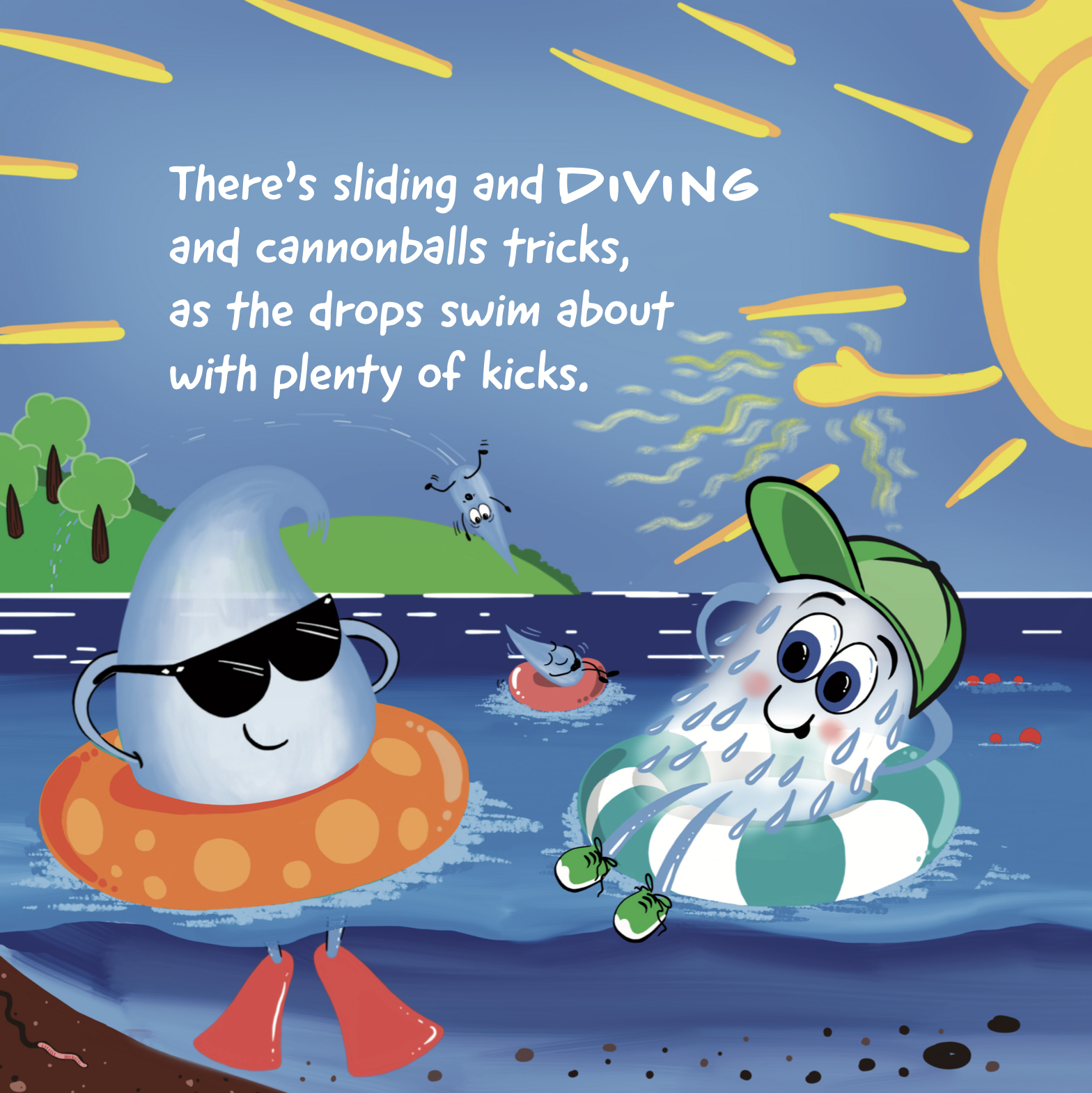 David Drizzle Drop - Full page illustration, Fun and chilling in the sun floating on the water, making the rain drops look like they are in a pool on holidays.