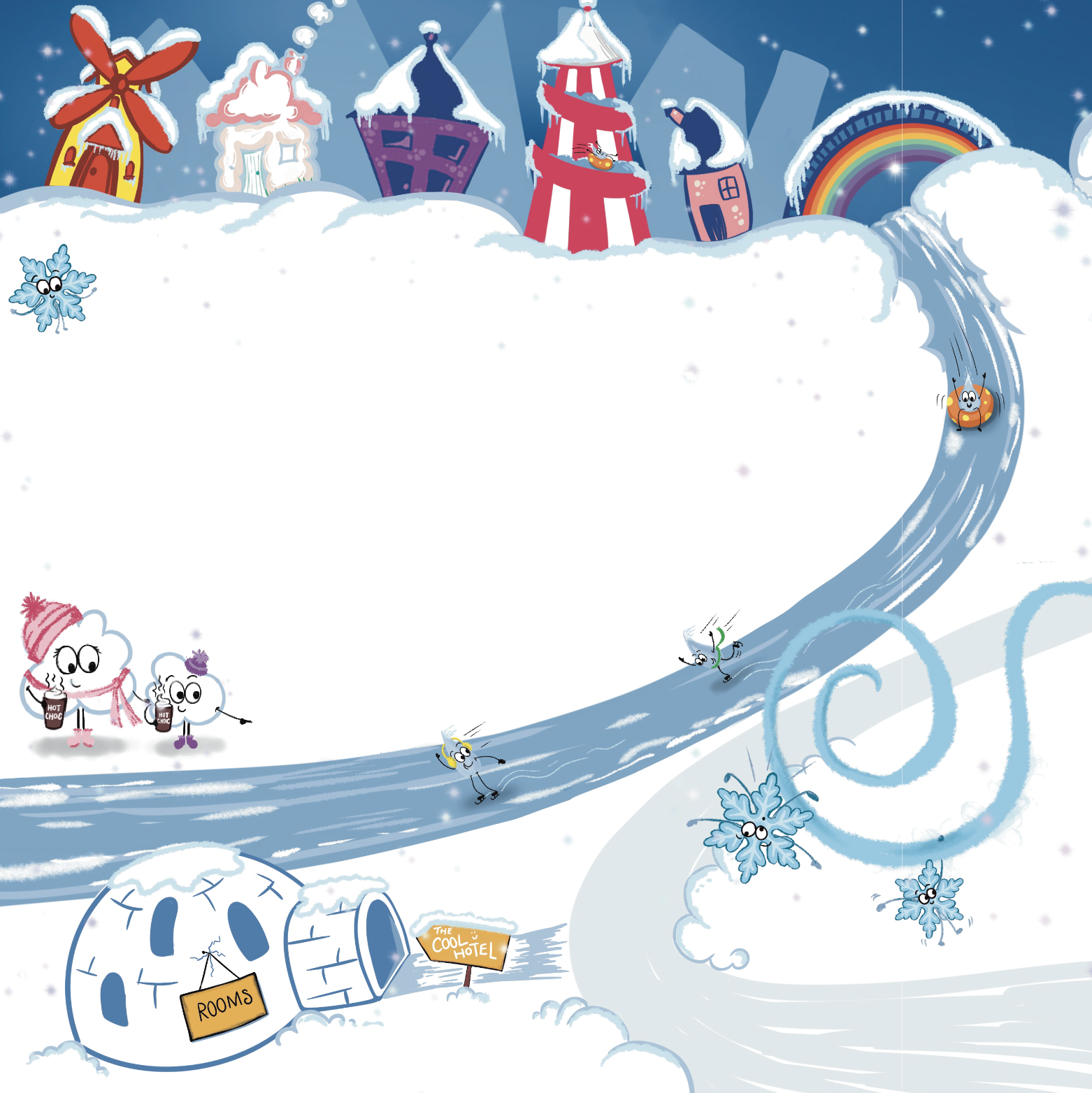 FiFi Flurry - Full page illustration, part of the background with lots of fun details, with text space.