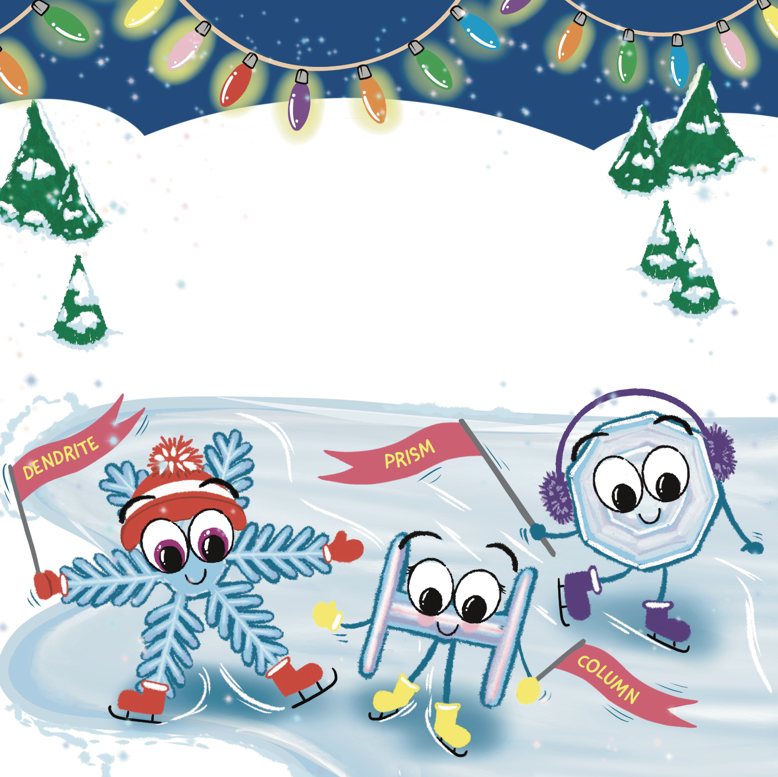 FiFi Flurry - Full page illustration with text space, visually showing types of snow.
