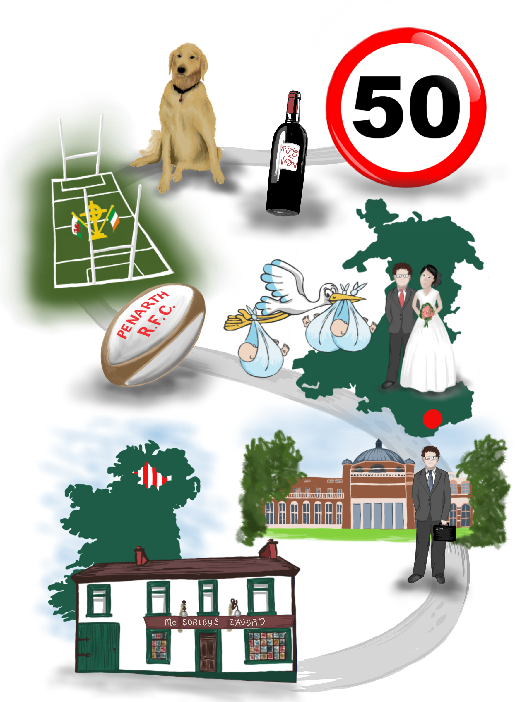 50th birthday gift, illustrated life pathway, including lots of items personal them. This gift was actually used as the birthday party invite too!