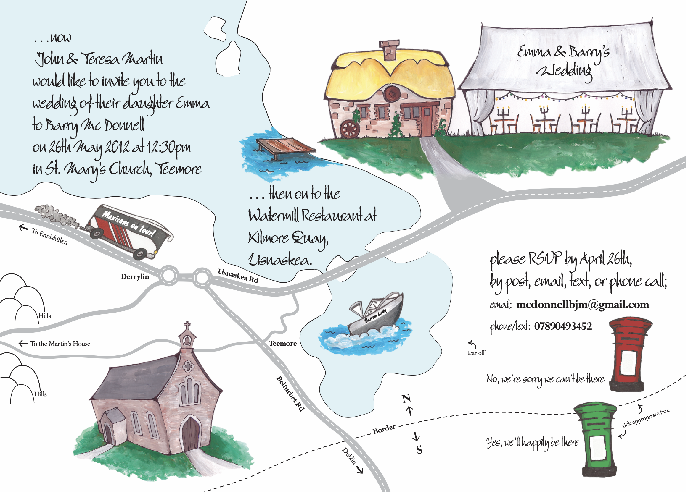 A hand-drawn map of a wedding invitation with illustrations of a church, a house, a canal, boats, and landmarks. The map includes instructions and contact information for RSVP.