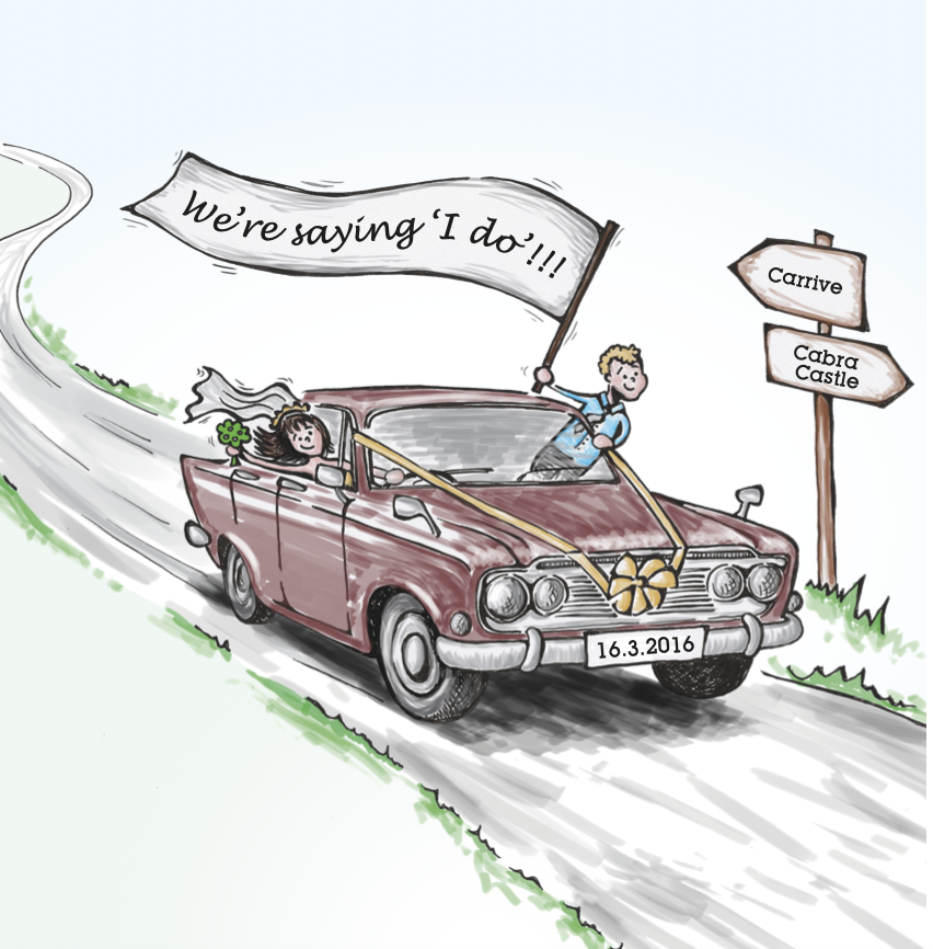 A cartoon illustration of a newlywed couple in a car decorated with a bow, driving down a road on their wedding day. The groom is standing through the sunroof holding a flag that says 'We're saying I do!!!'. The bride is sticking out of the window wi
