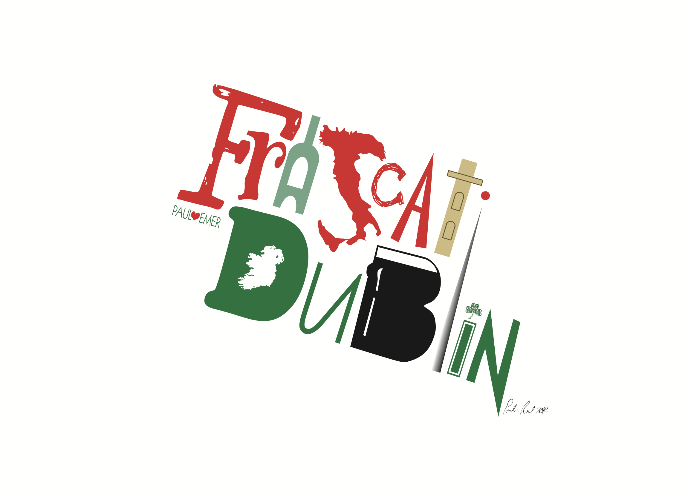Wedding gift, using the place names where the bride and groom are from, Italy and Dublin, adding illustrated personal details for the letters, very thoughtful keepsake. Commissioned by their friend.