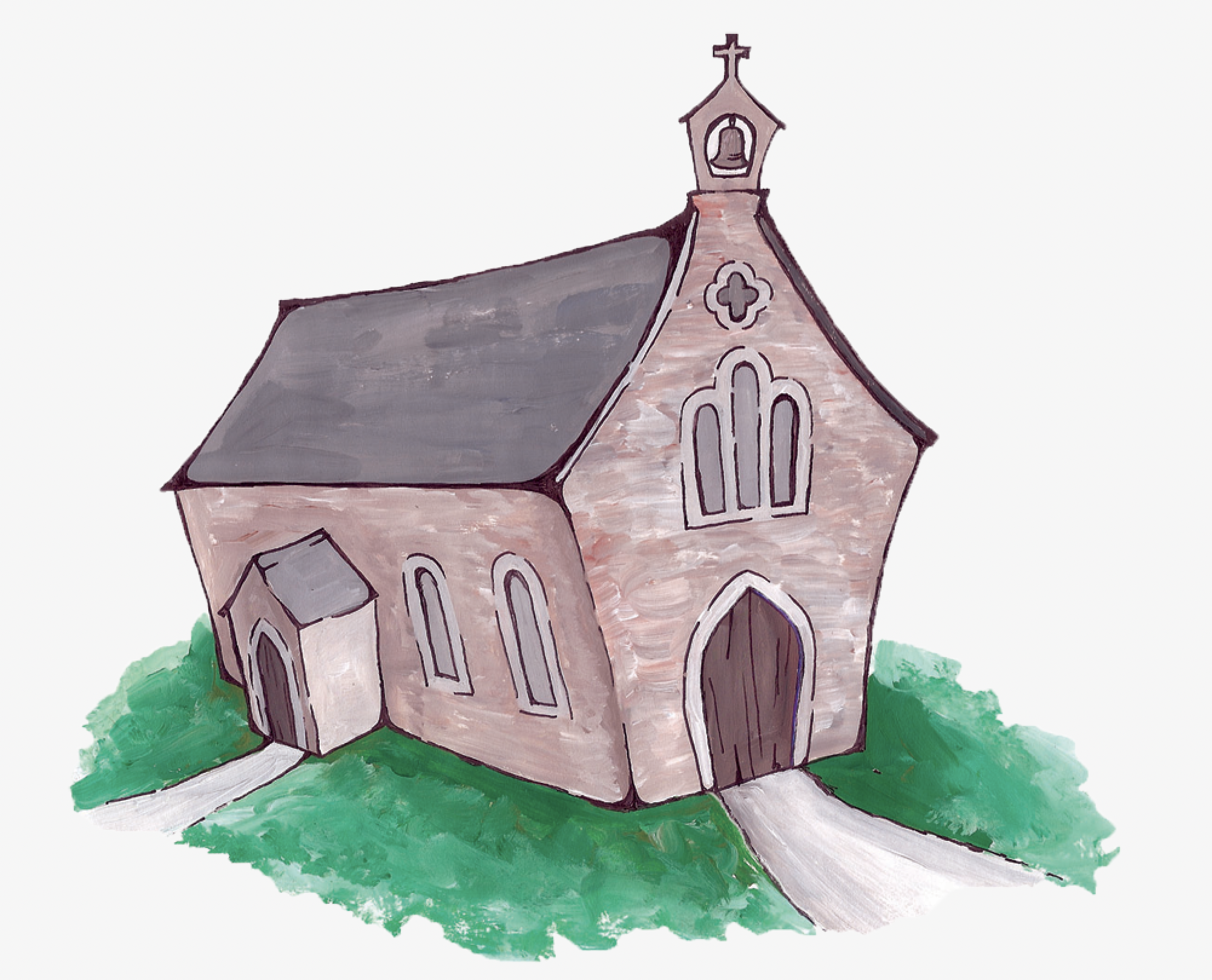 A watercolor painting of a church with a brown brick facade, a large arched door, and a tall steeple with a cross on top, surrounded by a green grassy area and a gray pathway.