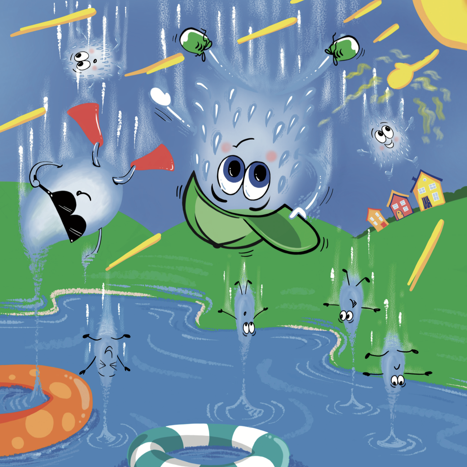 David Drizzle Drop - Full page illustration, visualising evaporating rain drops, this was one of the harder topics I've illustrated but think I managed to keep it fun.