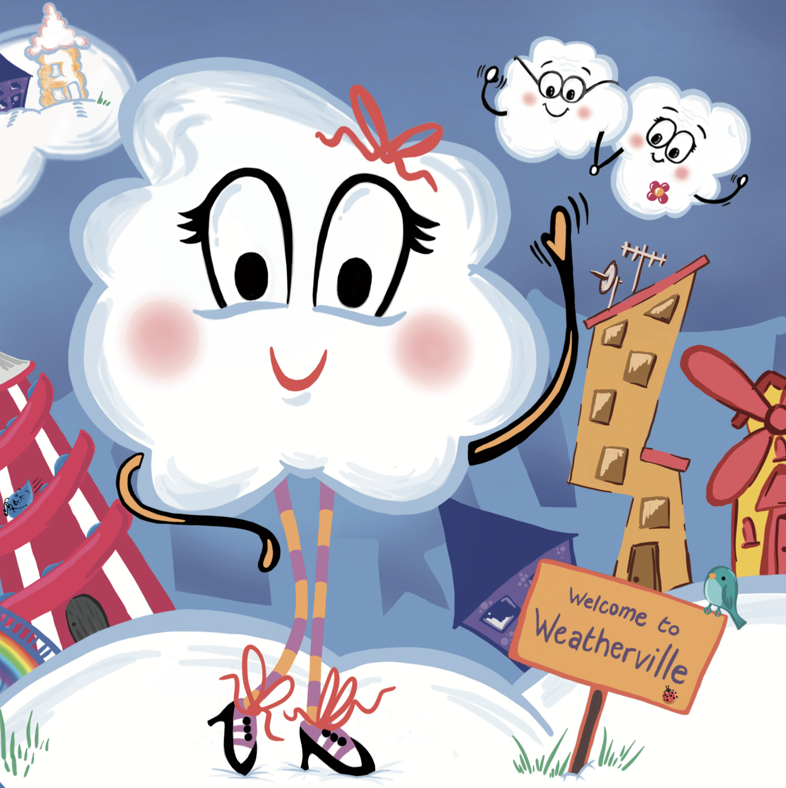 Chloe Cloud - full page illustration, Chloe waving from Weatherville, her hometown.