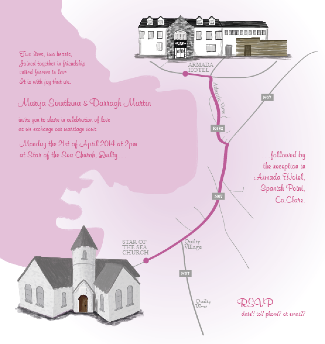 Wedding invitation with map to Armada Hotel and Star of the Sea Church in Quillay Village, Co. Clare, Ireland, for event on April 21, 2014, at 2 pm.