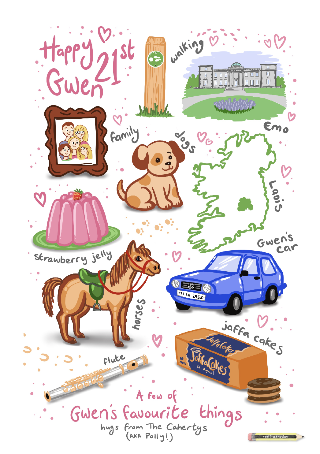 21st birthday, Favourite things gift, 10 small illustrated items, some of the persons favourite things. 