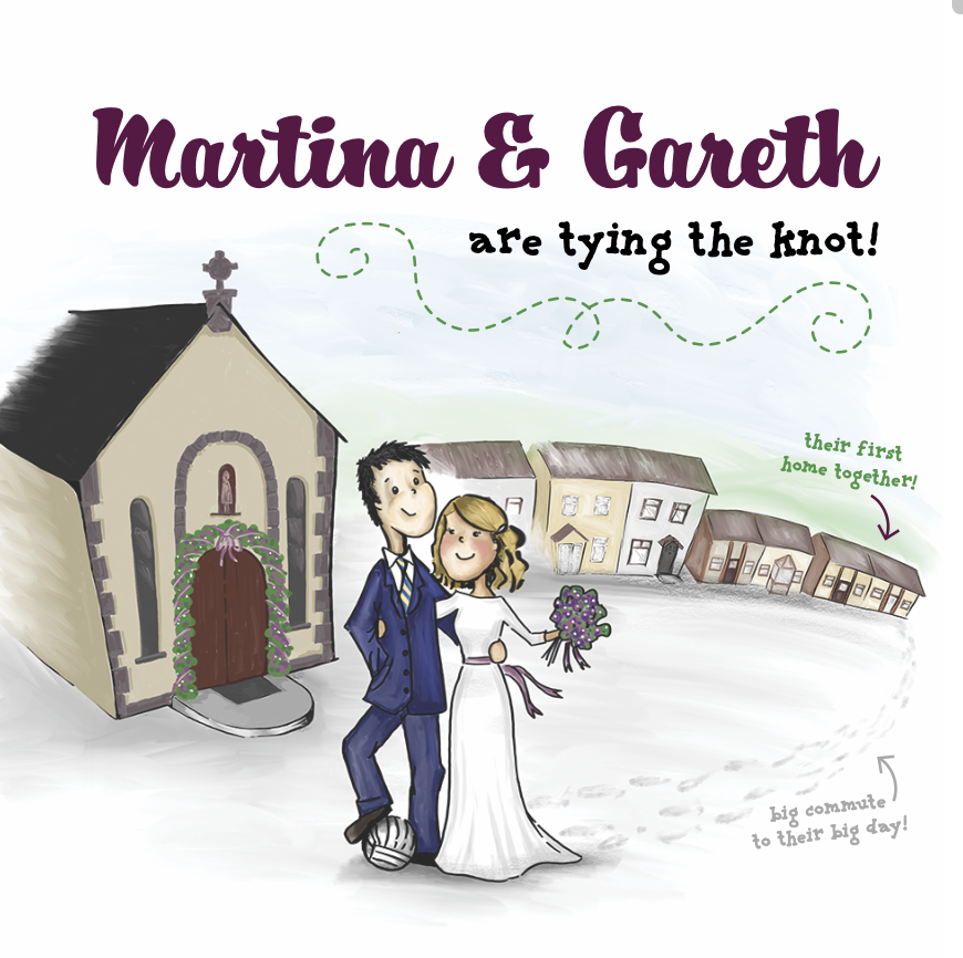illustration of a newlywed couple, standing in front of a church decorated with flowers. The bride holds a bouquet, and the groom has his arm around her. Background shows a small town with houses and a note indicating a big commute to their first hom