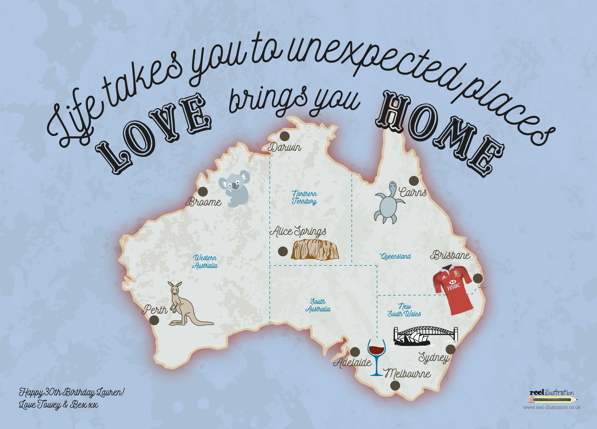 Wedding gift, with map illustration, and little illustration points personal two them.