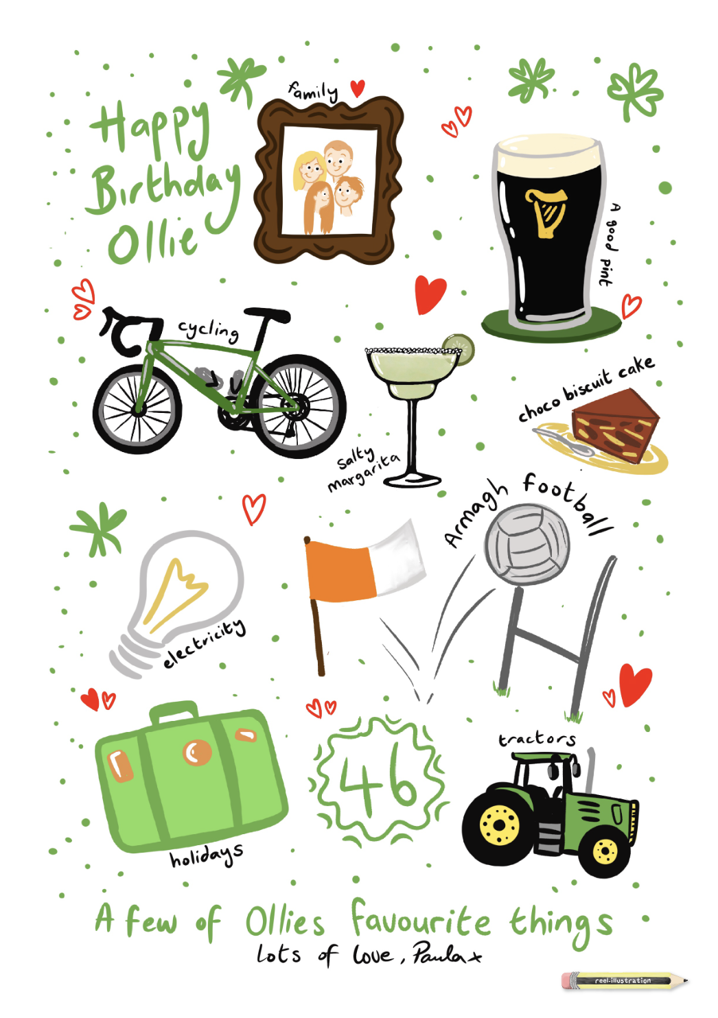 Favourite things gift, 9 small illustrated items, some of the persons favourite things. 