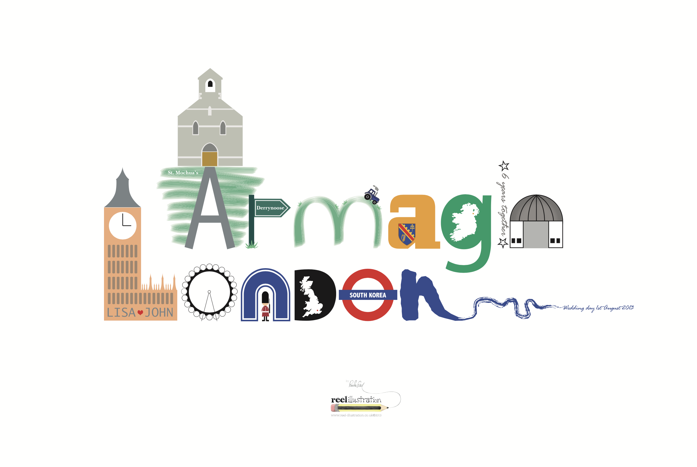Wedding gift, using the place names where the bride and groom are from, Armagh and London, adding illustrated personal details for the letters, very thoughtful keepsake.