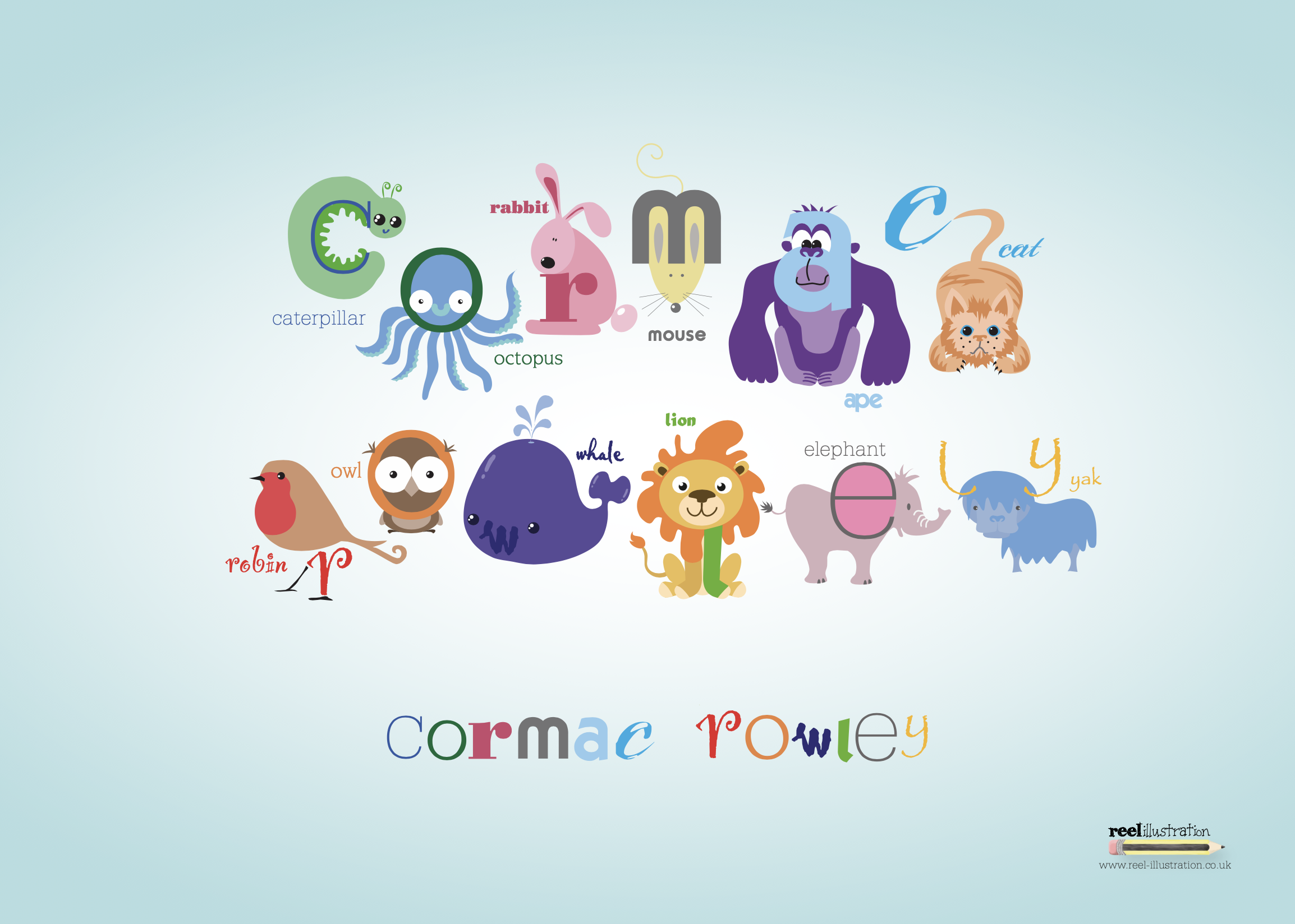 Kids birthday gift, illustrated alphabet letters creating the child's name, perfect newborn gift and room wall art.