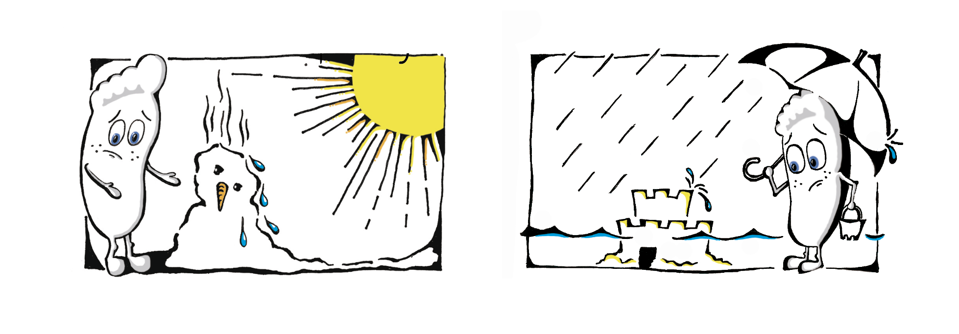 The Carbon Footprints - Spot images, 2 per page, simple line drawing with spot colouring, with text space top and bottom of page.