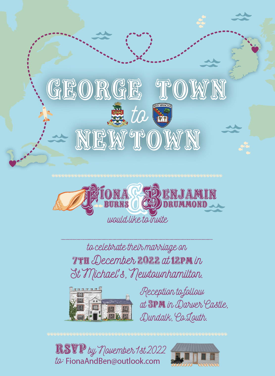 Invitation to Fiona and Benjamin's wedding celebration with a map background, showing a dotted line from Ireland to the United States, with hearts, an airplane, a seashell, and a house.