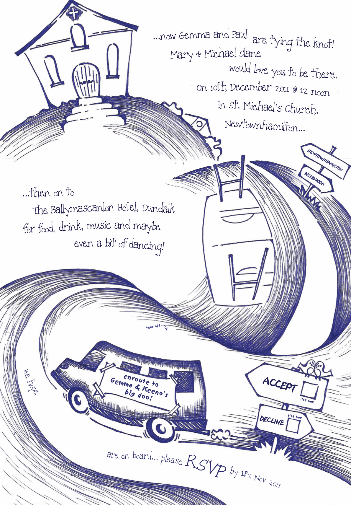 Invitation illustration in blue ink featuring a church and a winding road with a car. The text invites Gemma and Paul to a wedding celebration at St. Michael's Church, Newtownhamilton on December 10, 2011, at noon, followed by festivities at the Ball