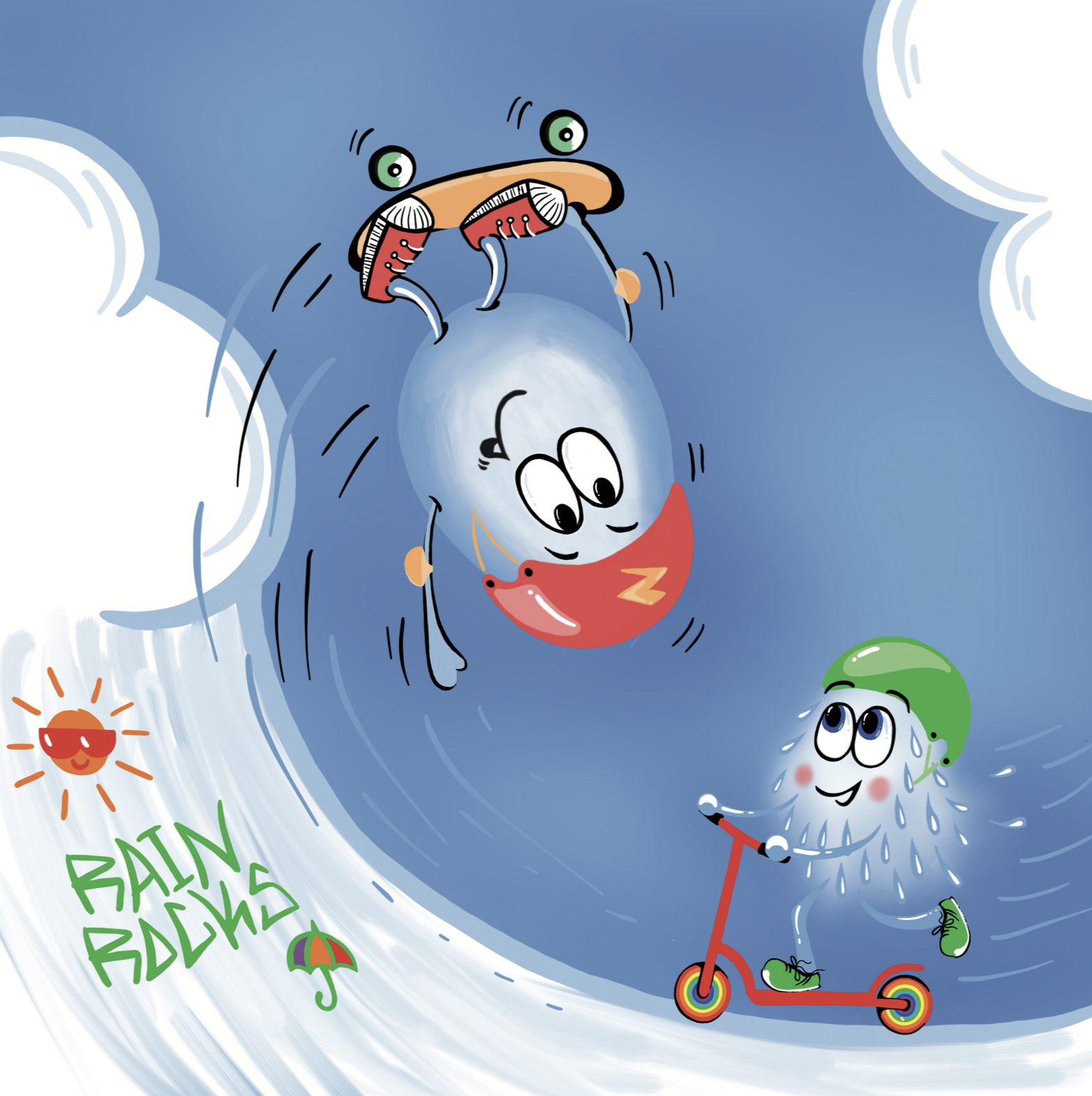 David Drizzle Drop - Full page illustration, action image of some skating fun with friends. Pops of colour added with the skating accessories and graffiti.
