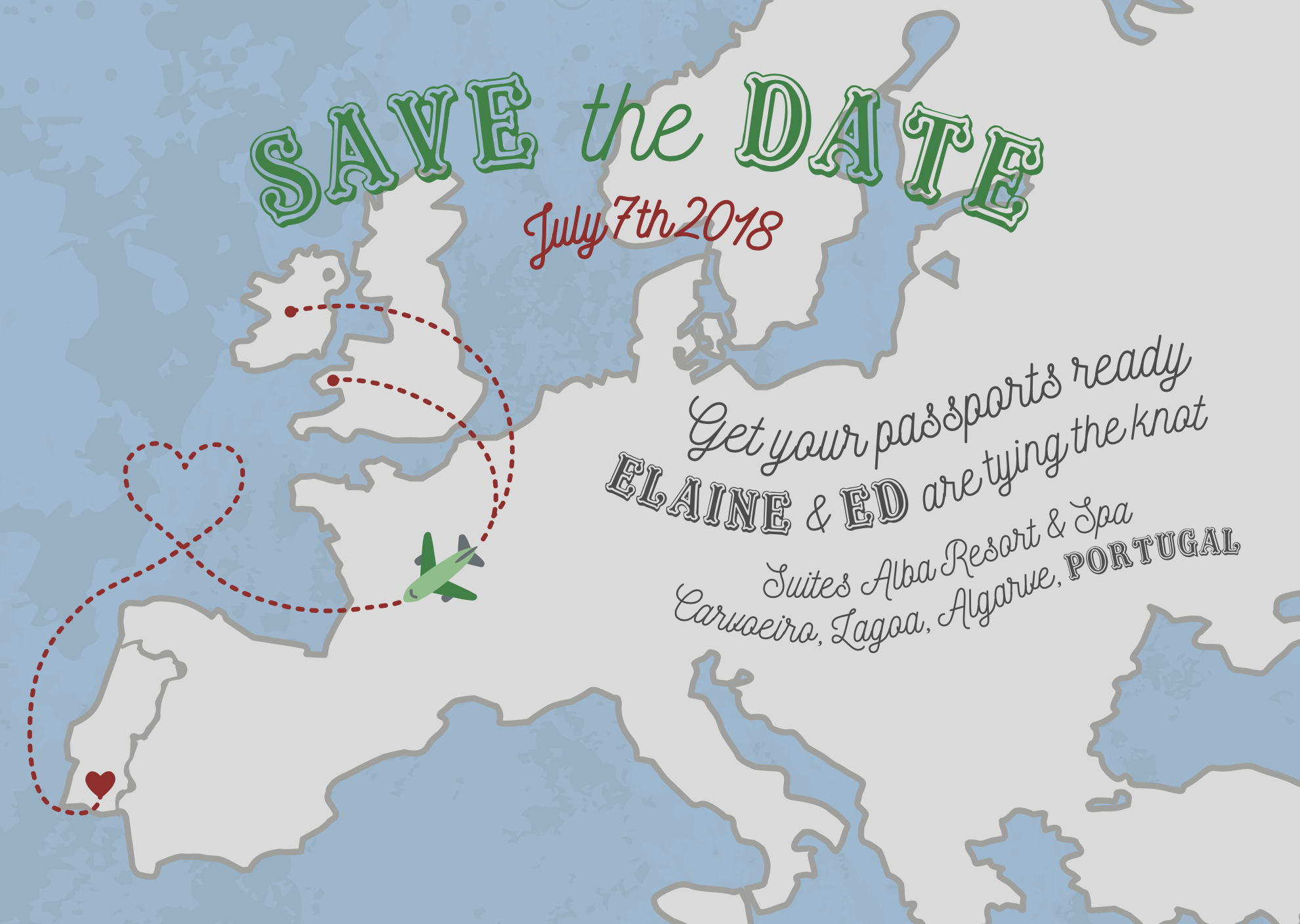 The graphic illustration features a map of Europe with an overlay of text. The map highlights Portugal with a heart symbol and red dashed lines indicating travel routes. 