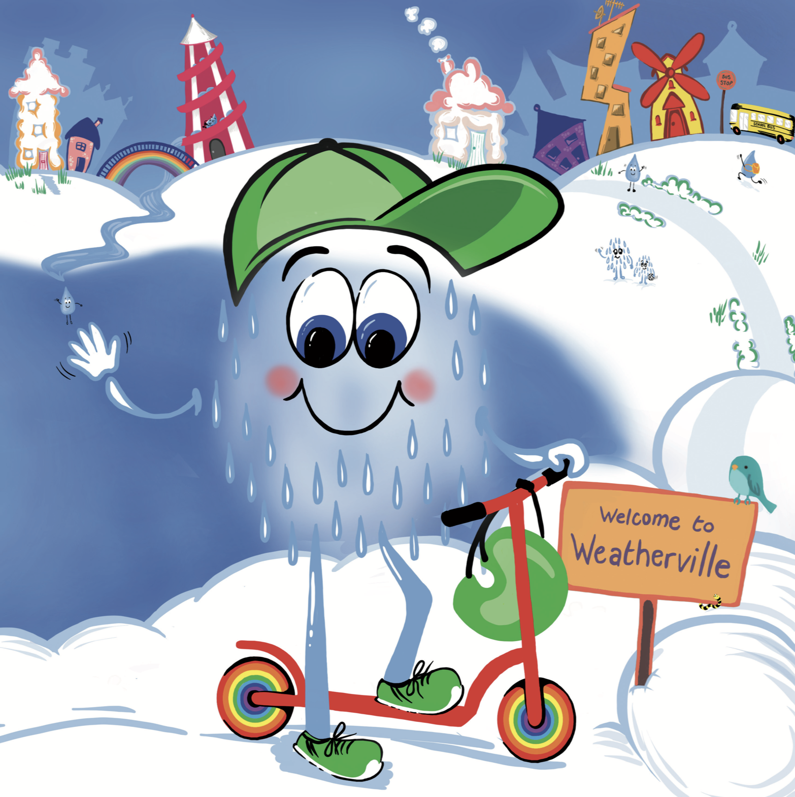 David Drizzle Drop - Full page illustration, David Drizzle Drop waving from his Hometown Weatherville, replicating previous books Hometown pages with some quirky and fun shaped homes in the background.