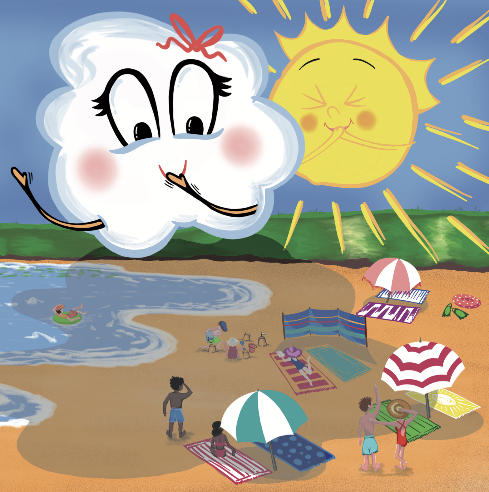 Chloe Cloud - full page illustration, Chloe and Sally Sunshine having fun in the sky, playing tricks on the people on the beach.