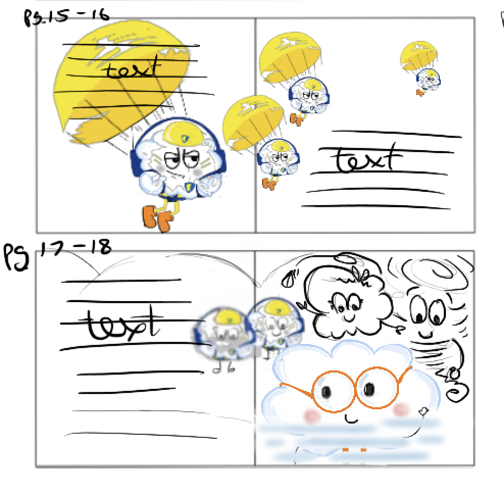Chloe Cloud - example of storyboard spreads. mostly line sketches with some dotting of colour suggestions.