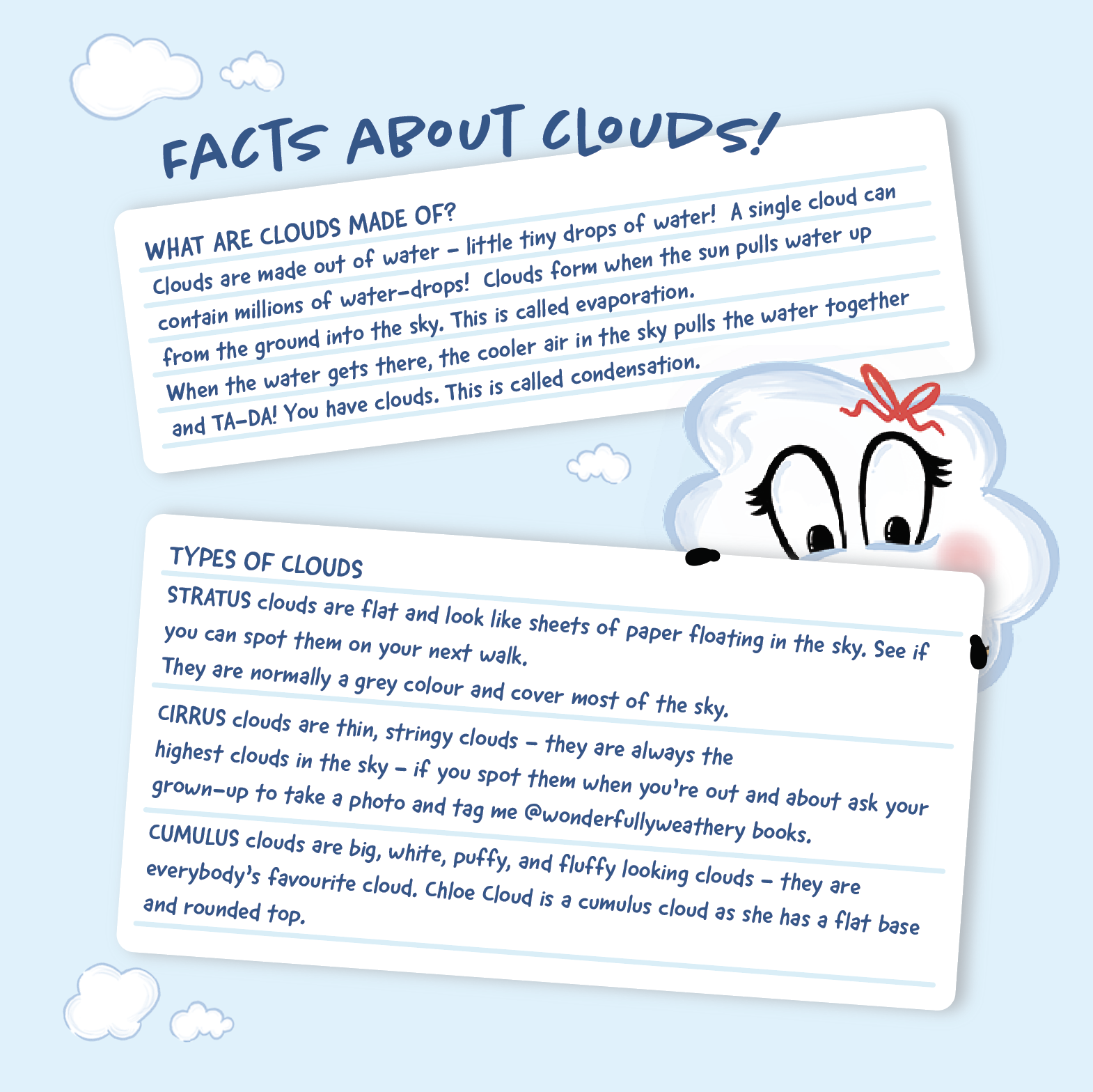 Chloe Cloud - one of two fact pages, with lined jotter detail and peeping characters holding the facts.