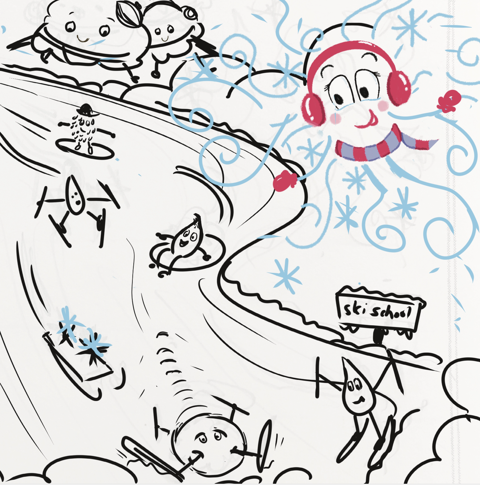 FiFi Flurry - Storyboard sketch of the next image, showing the idea of the layout and possible things the small characters would get up to.