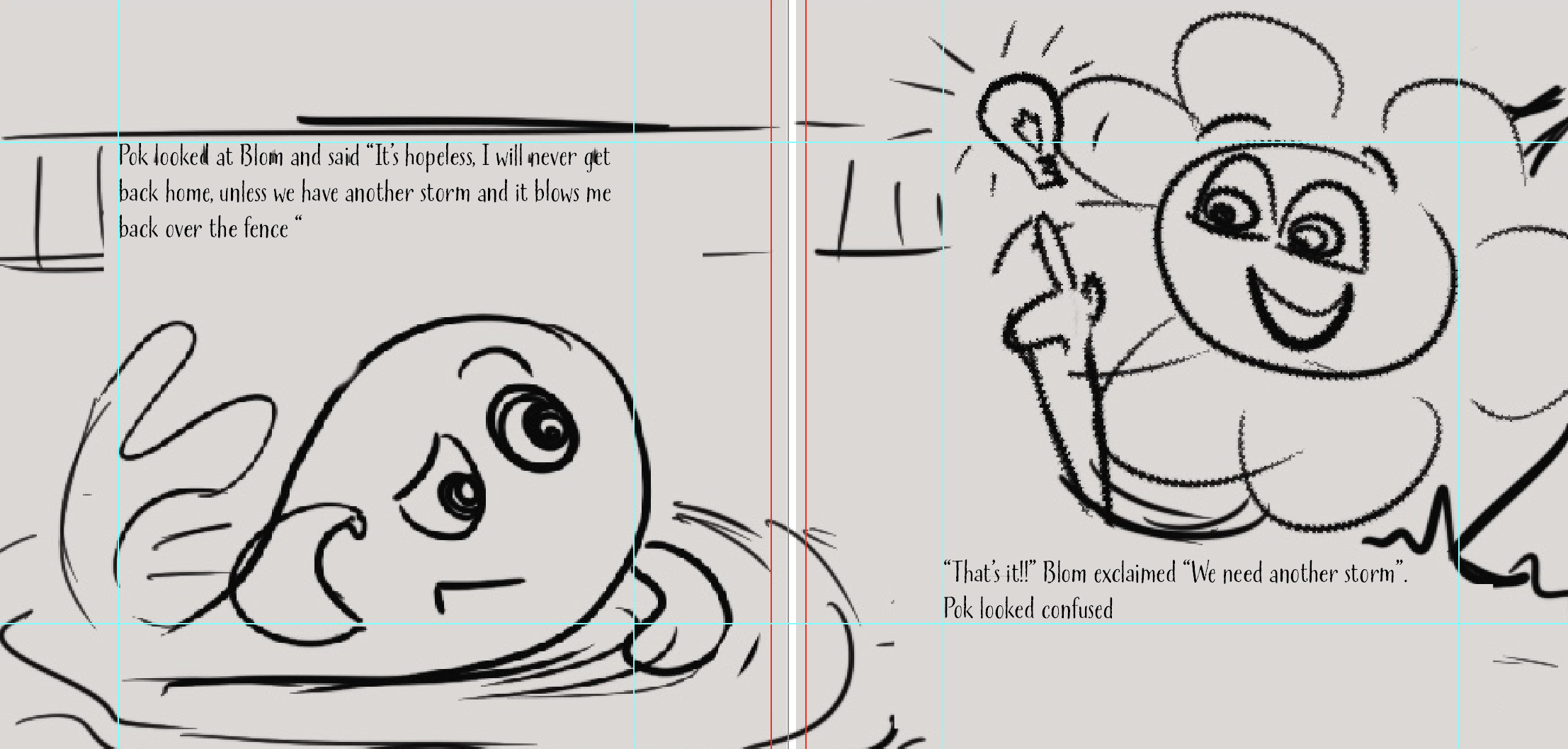 Blom&Pok - Storyboard spread example. Showing the layout and text placement.