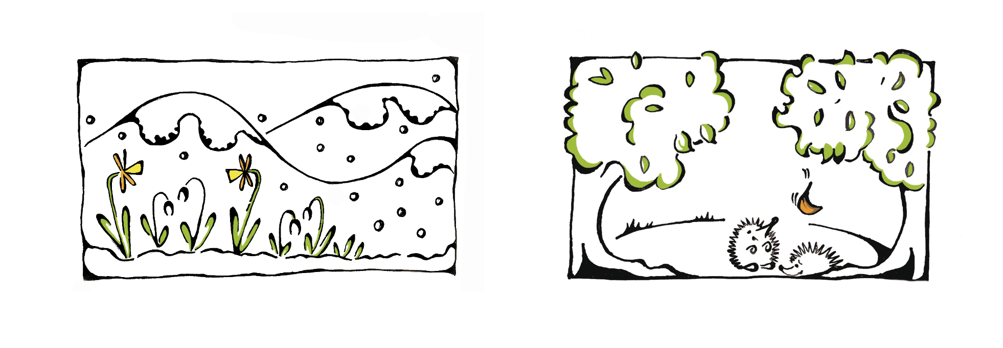 The Carbon Footprints - Spot images, 2 per page, simple line drawing with spot colouring, with text space top and bottom of page.