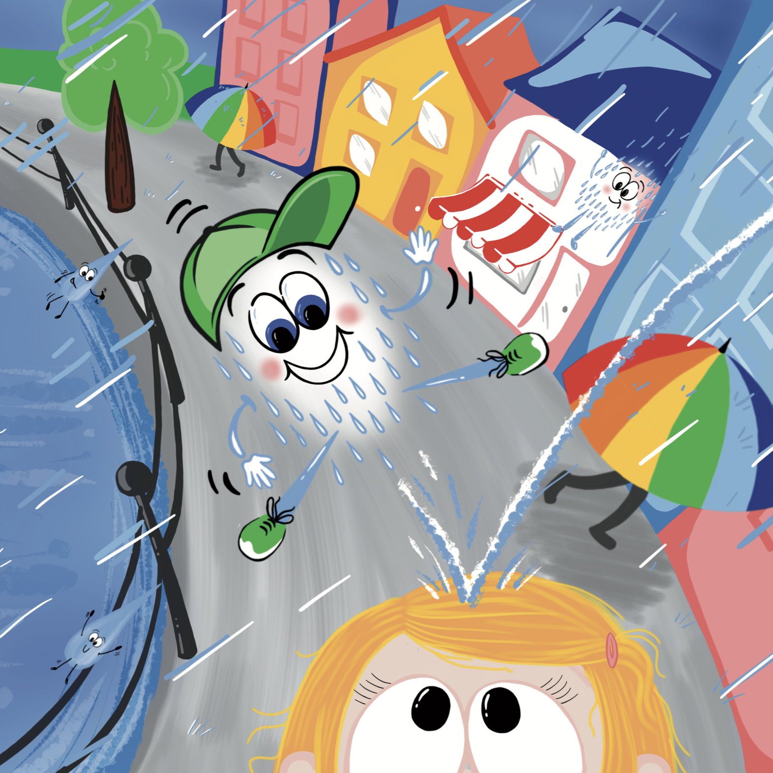 David Drizzle Drop - Full page illustration, raining day, raindrops having fun bouncing on heads. Pops of colour added with the buildings in the background.